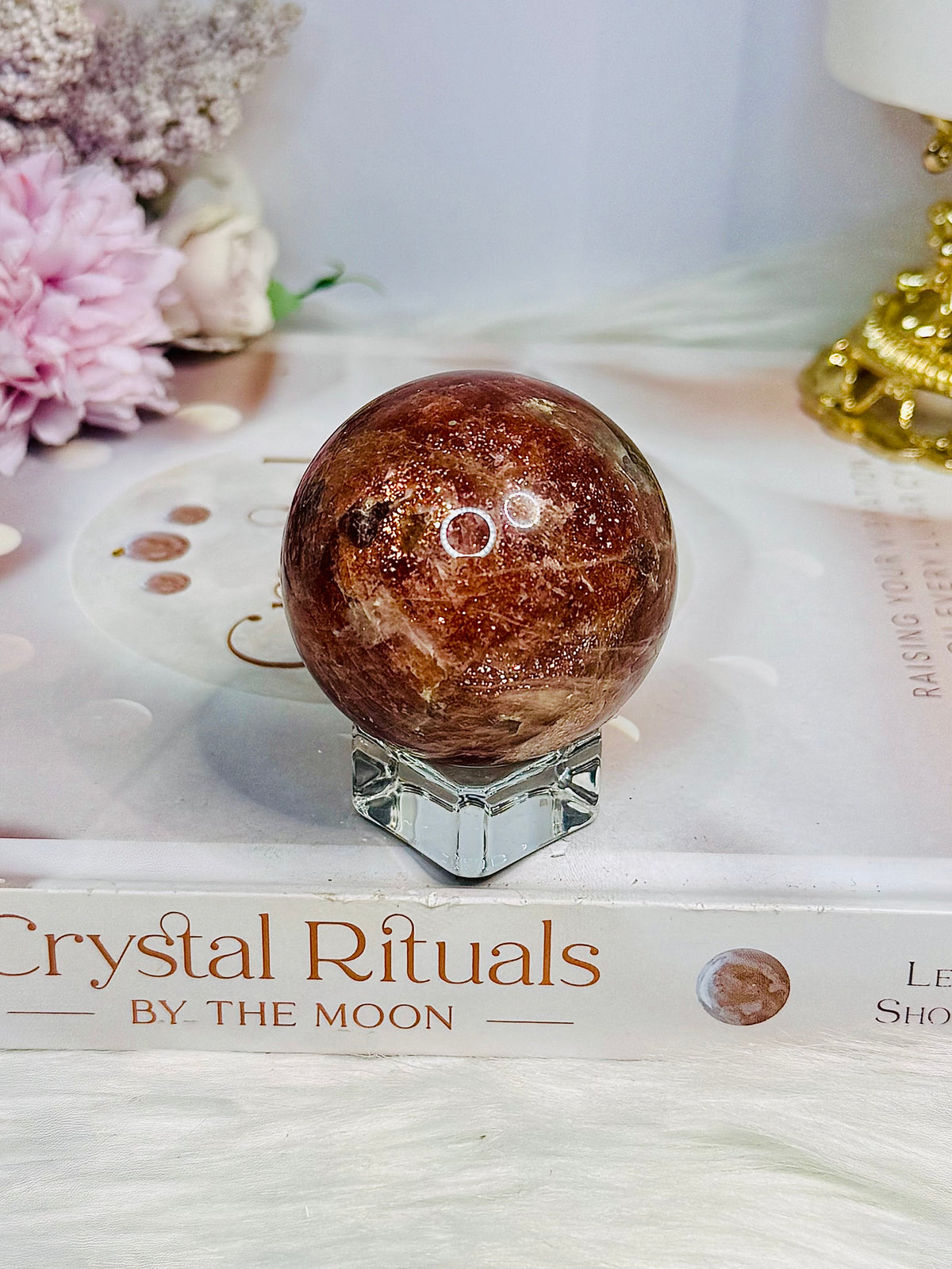 High Grade Sparkling Gold Sunstone X Moonstone Sphere on Stand 152g