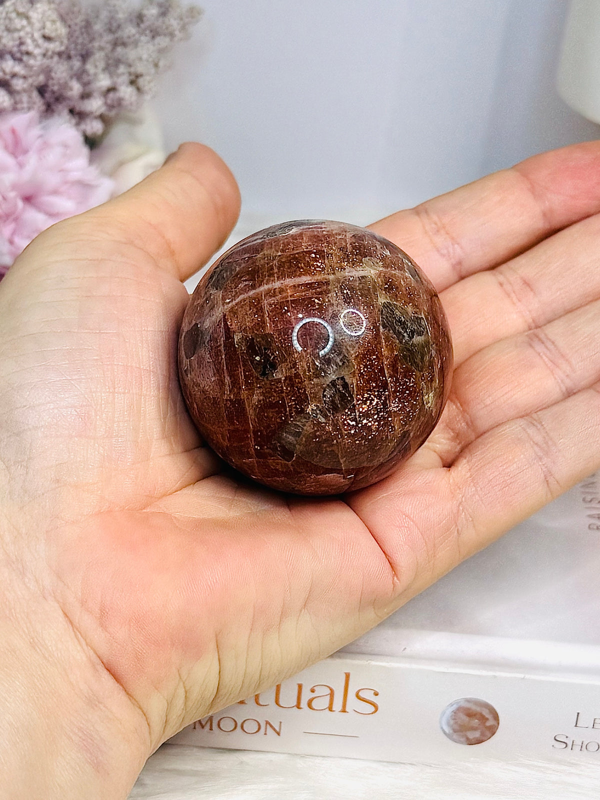 High Grade Sparkling Gold Sunstone X Moonstone Sphere on Stand 152g