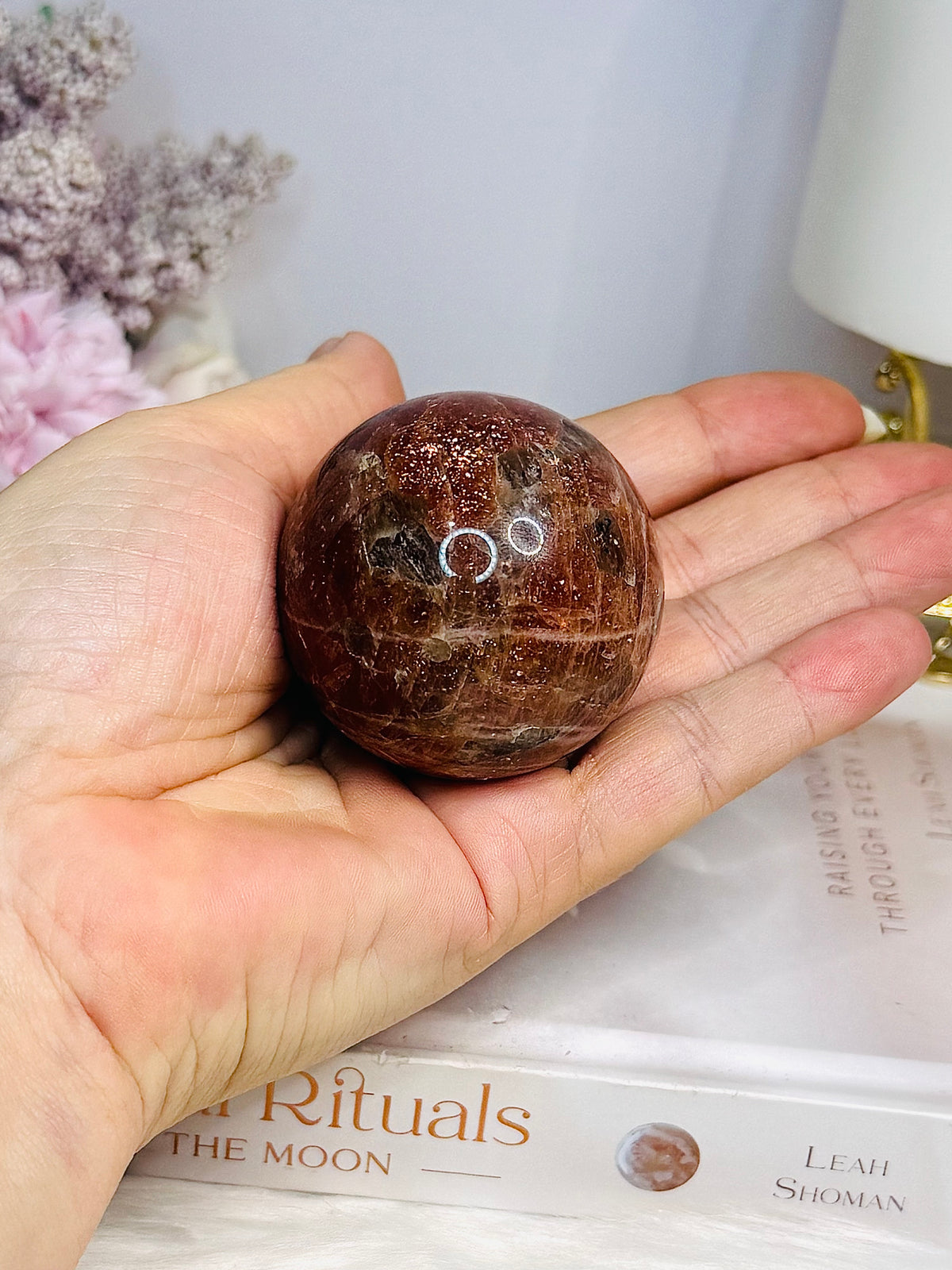 High Grade Sparkling Gold Sunstone X Moonstone Sphere on Stand 152g
