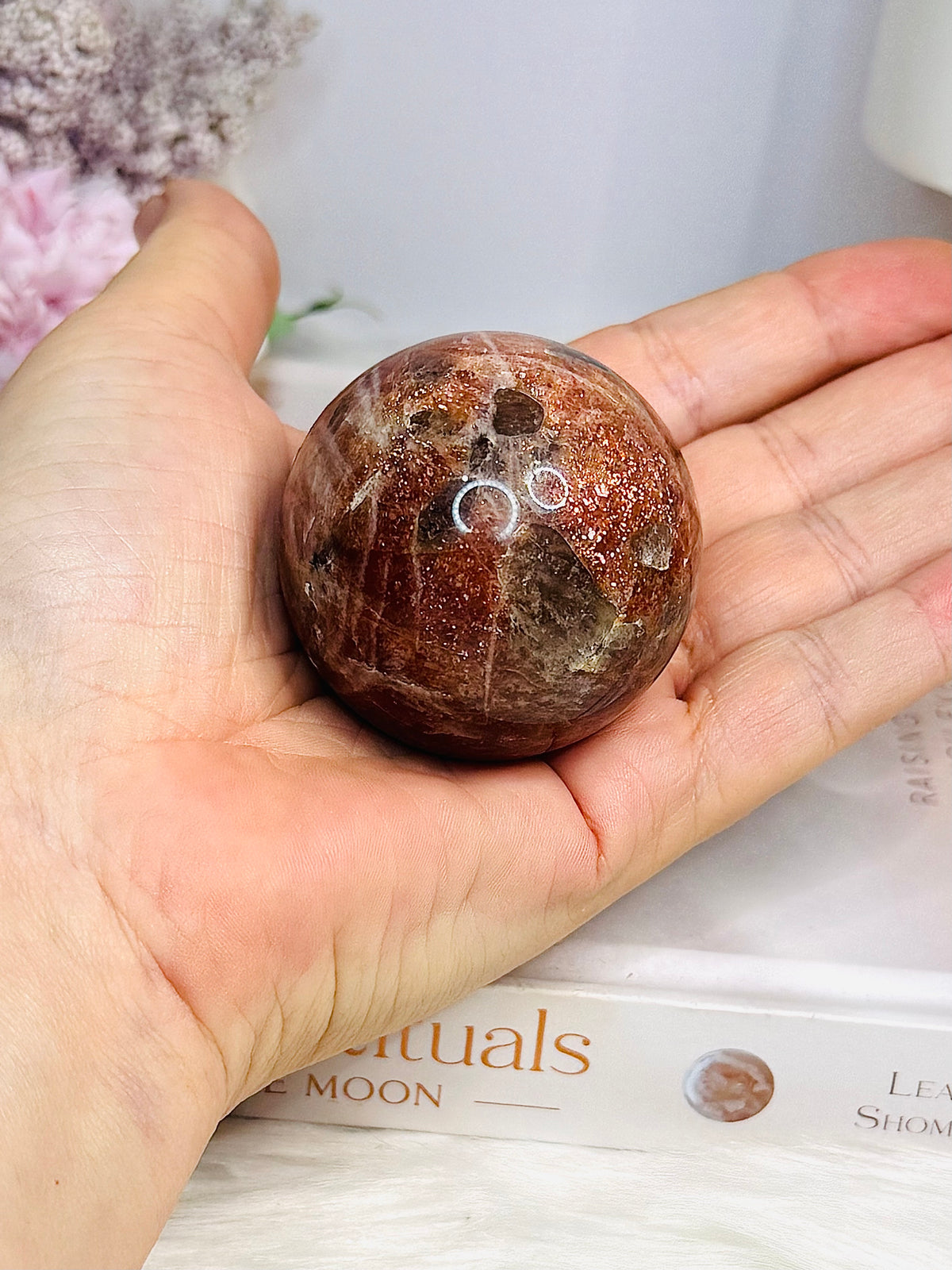 High Grade Sparkling Gold Sunstone X Moonstone Sphere on Stand 152g