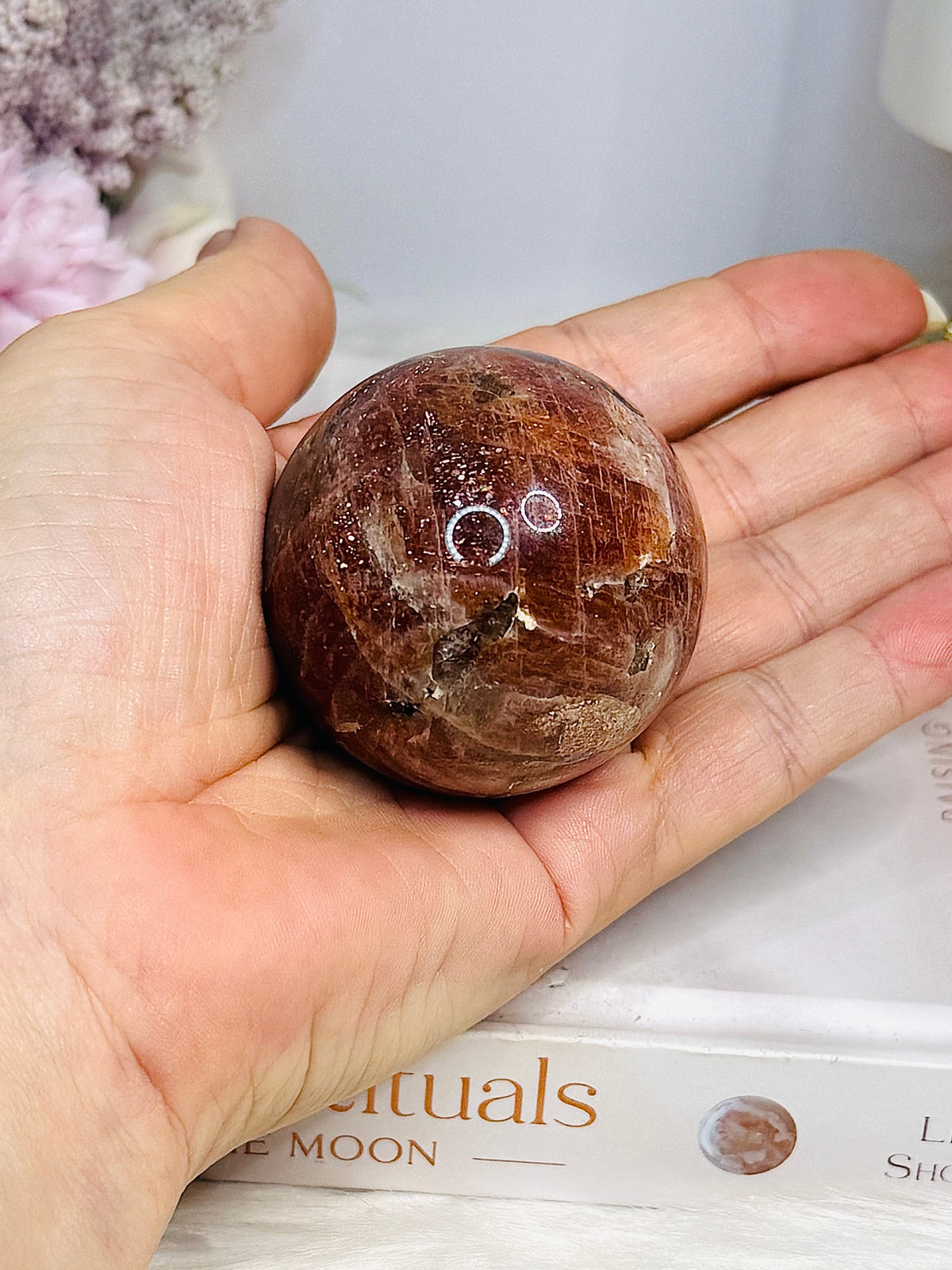 High Grade Sparkling Gold Sunstone X Moonstone Sphere on Stand 152g