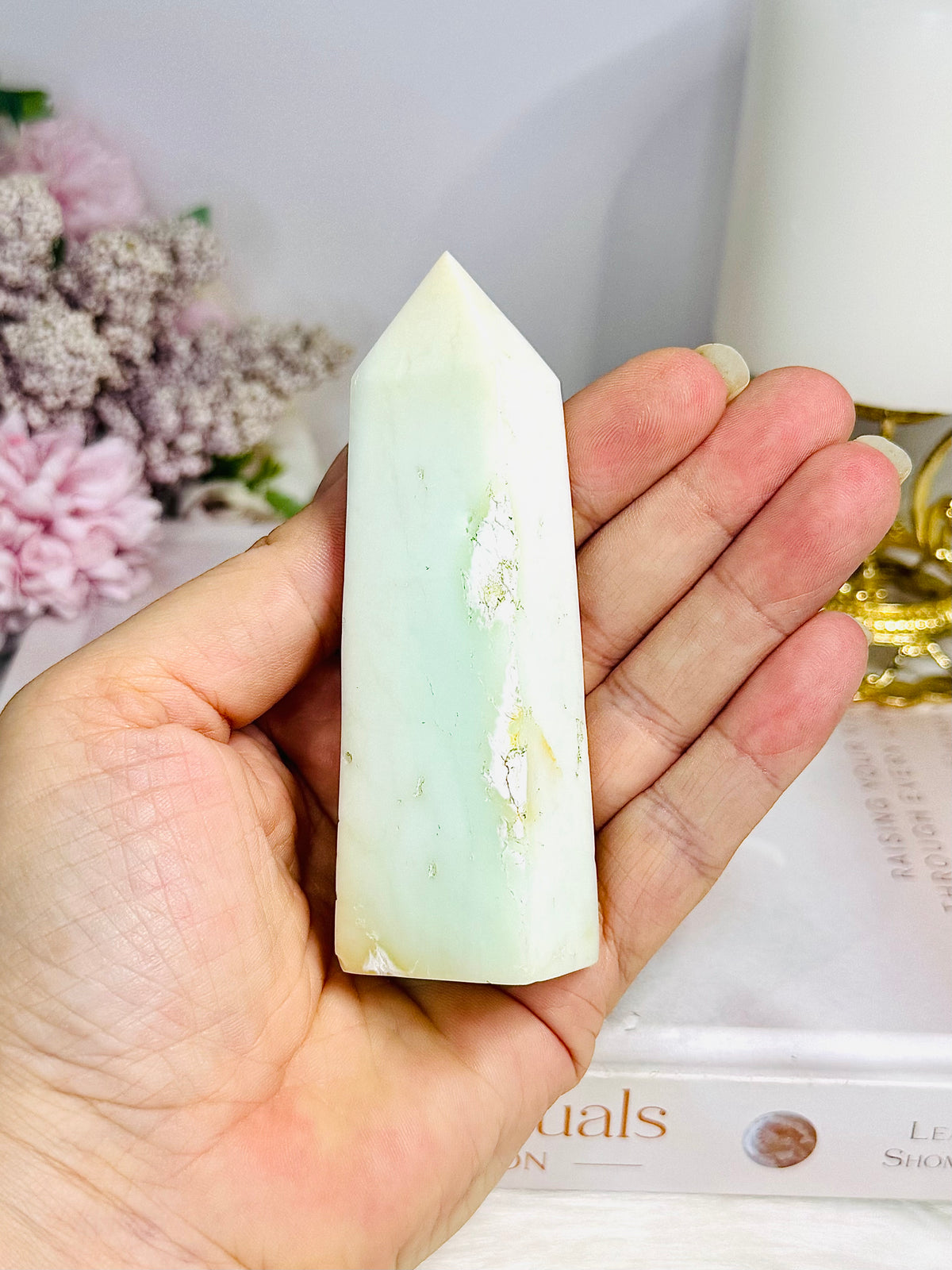 Natural Chrysoprase Tower (imperfections are part of her) 8.5cm