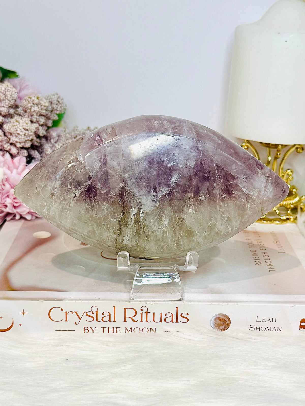 Large Amethyst Carved Marquise | Evil Eye 15.5cm 721g On Stand