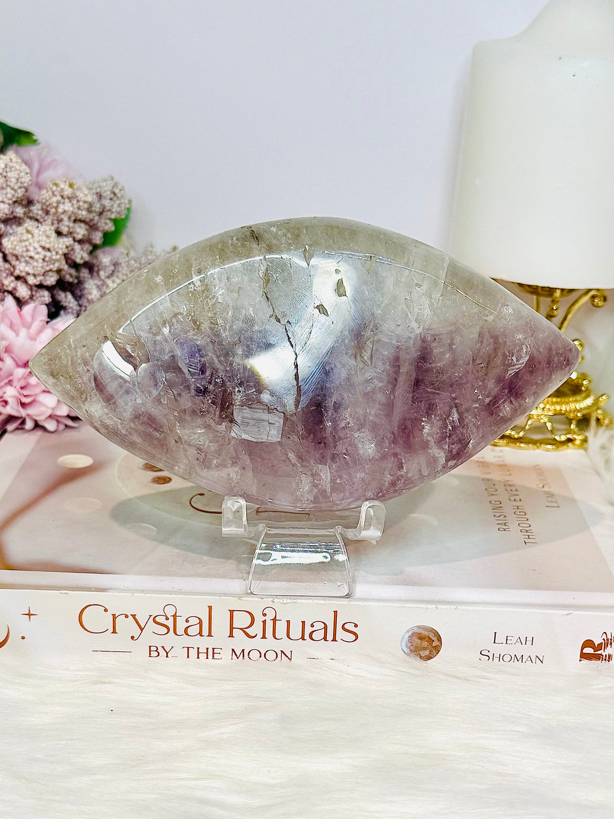 Large Amethyst Carved Marquise | Evil Eye 15.5cm 721g On Stand