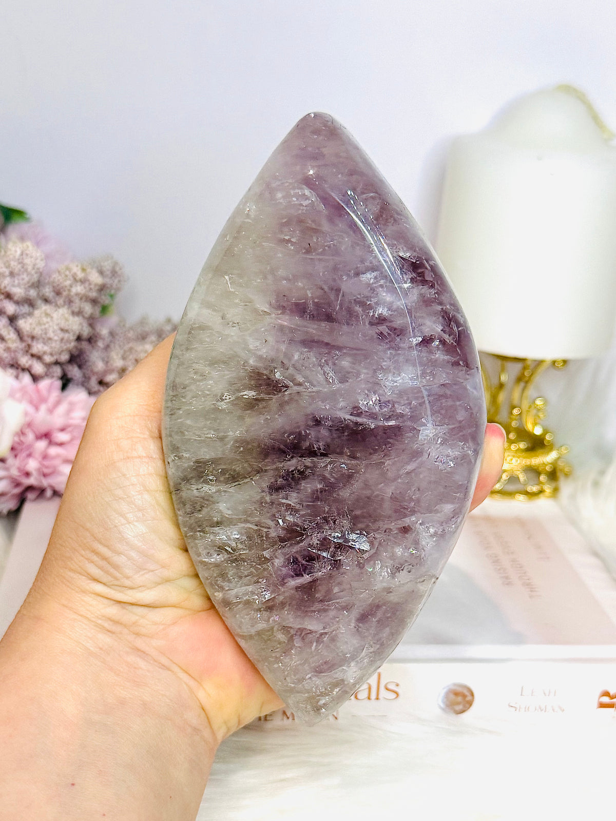 Large Amethyst Carved Marquise | Evil Eye 15.5cm 721g On Stand