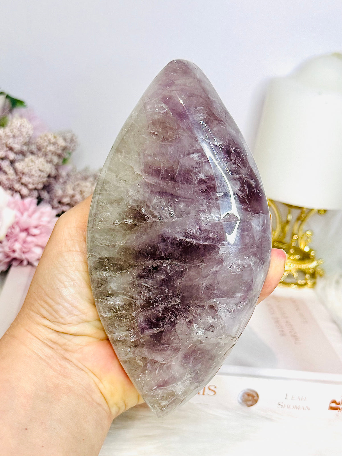 Large Amethyst Carved Marquise | Evil Eye 15.5cm 721g On Stand