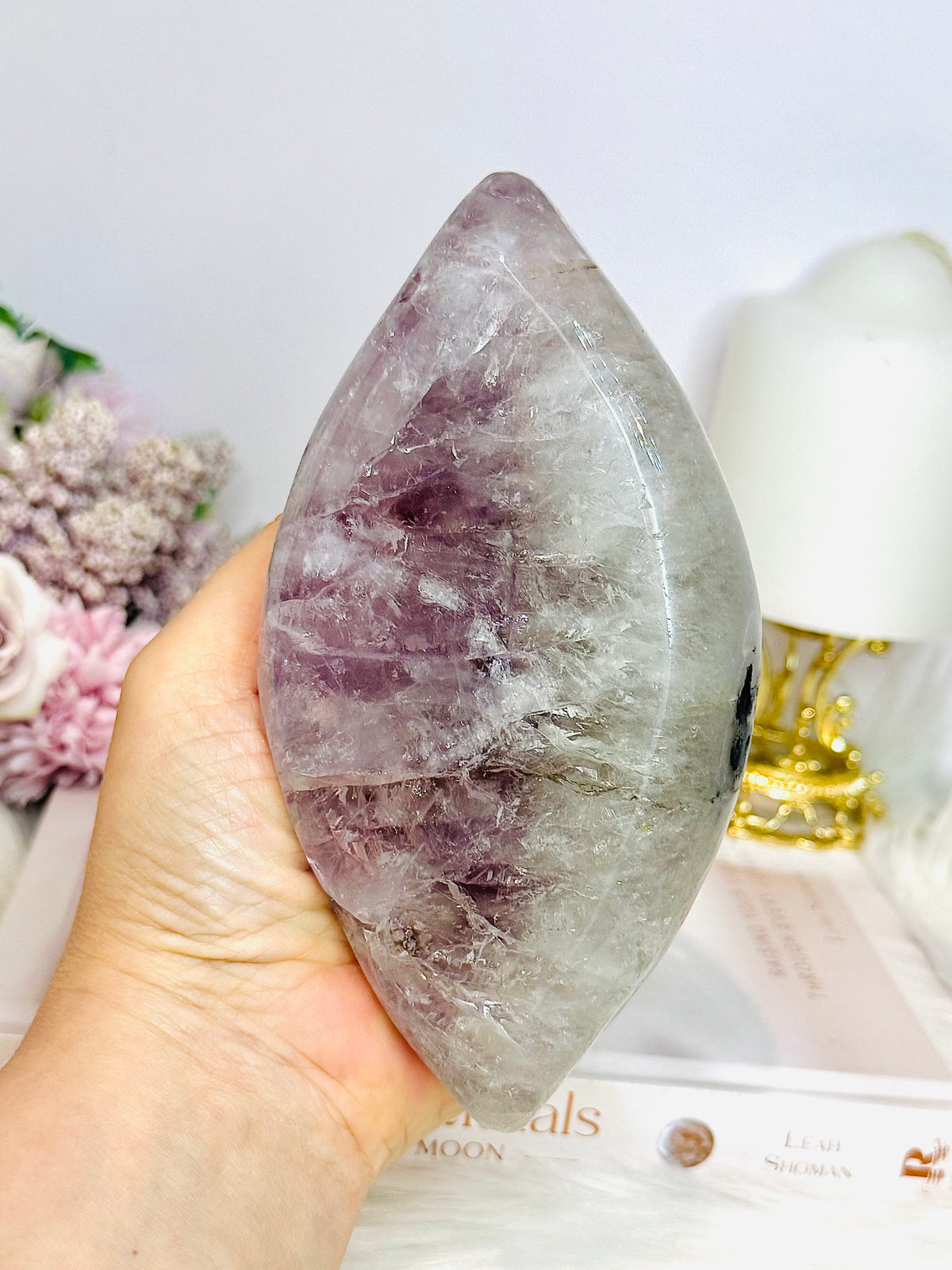 Large Amethyst Carved Marquise | Evil Eye 15.5cm 721g On Stand