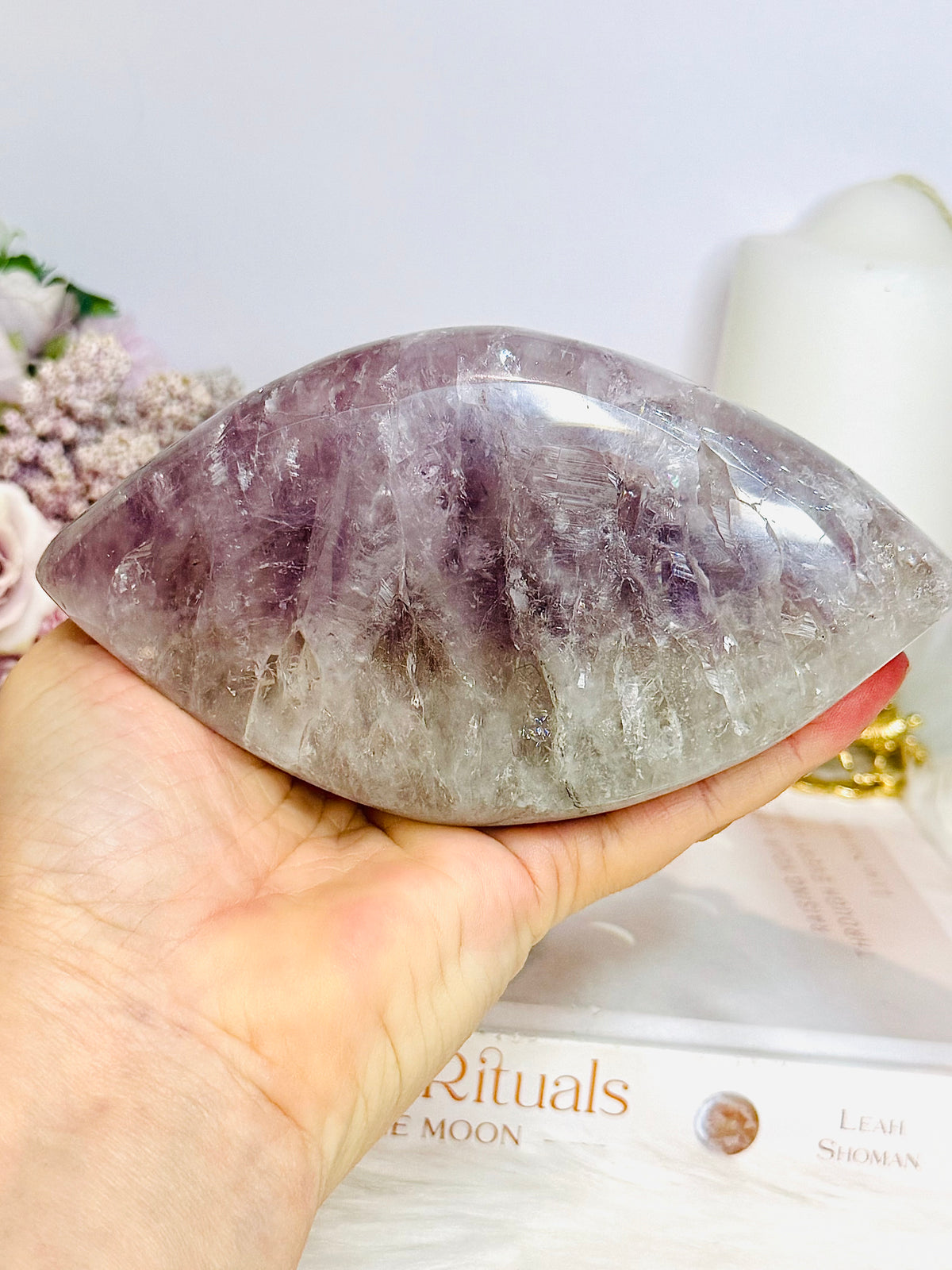 Large Amethyst Carved Marquise | Evil Eye 15.5cm 721g On Stand