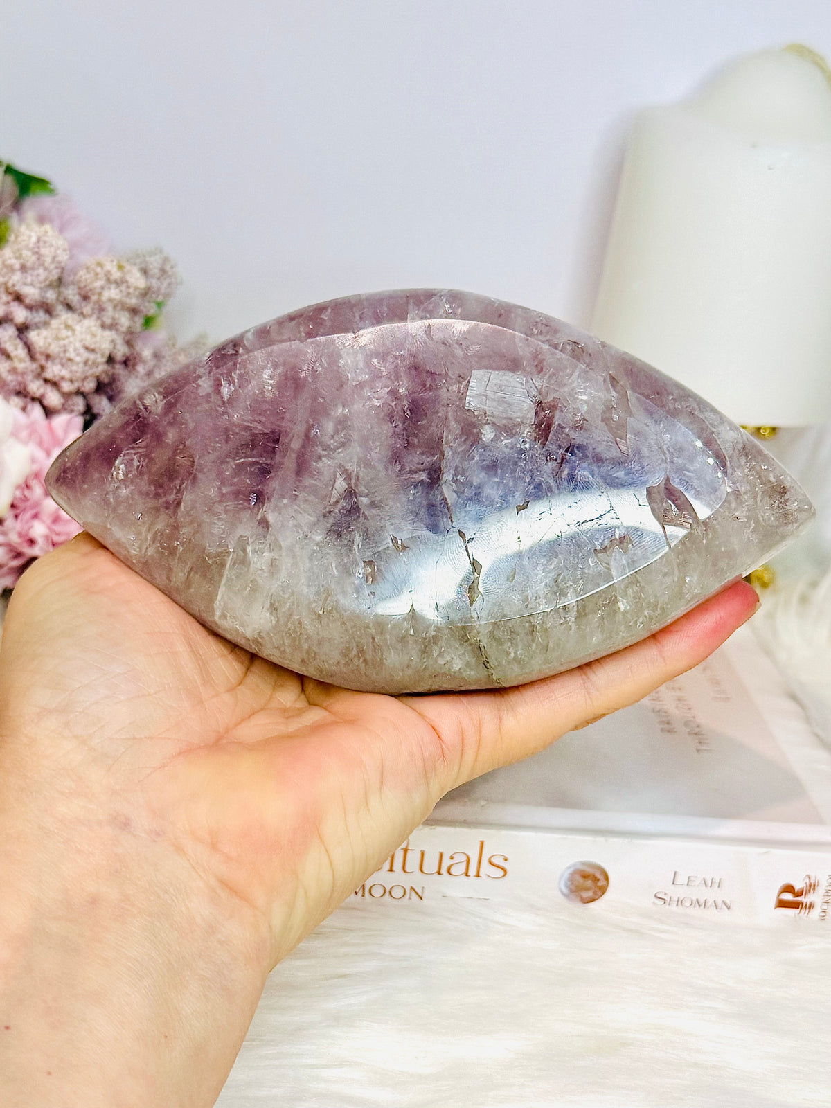 Large Amethyst Carved Marquise | Evil Eye 15.5cm 721g On Stand
