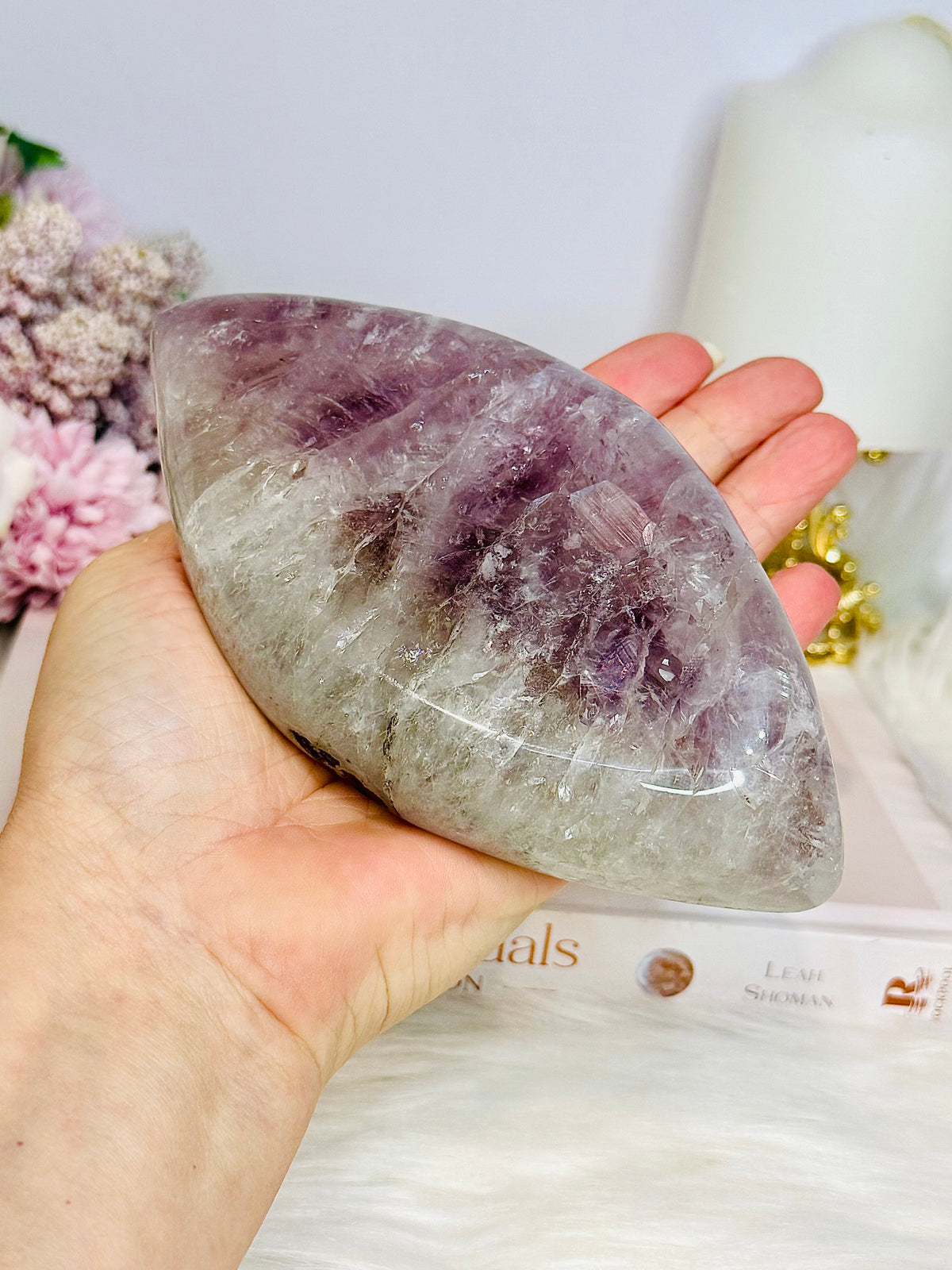 Large Amethyst Carved Marquise | Evil Eye 15.5cm 721g On Stand