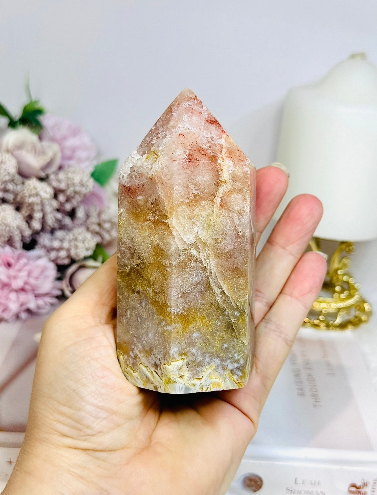 Chunky Pink Amethyst Druzy Tower with Rutile Inclusions 11cm