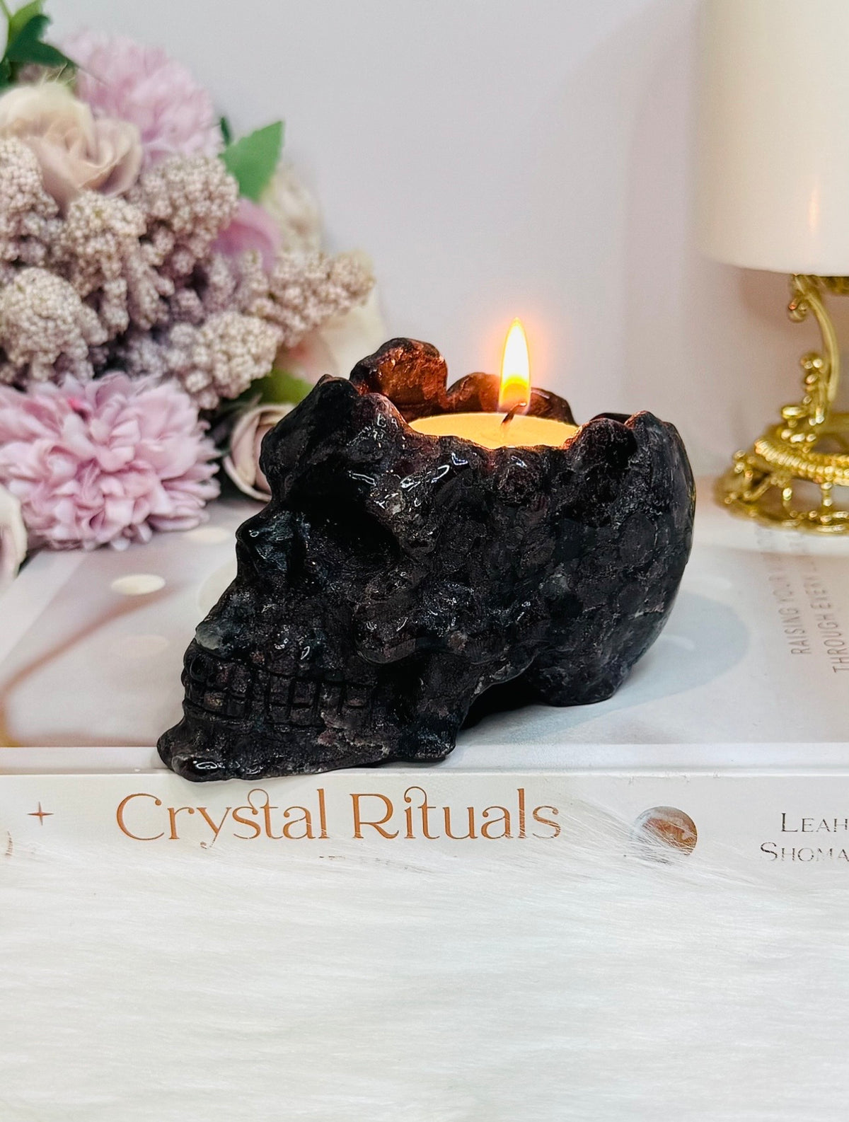 Astrophyllite & Garnet Skull Candle 11cm