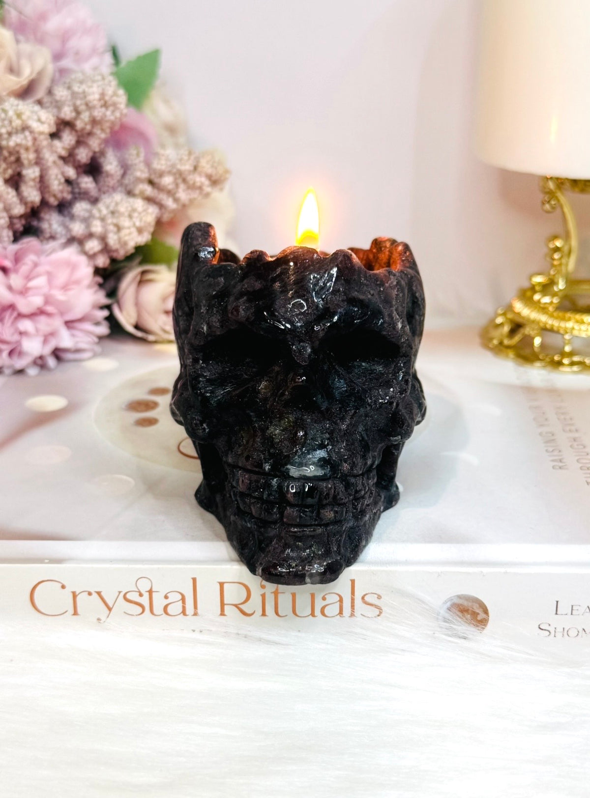 Astrophyllite & Garnet Skull Candle 11cm