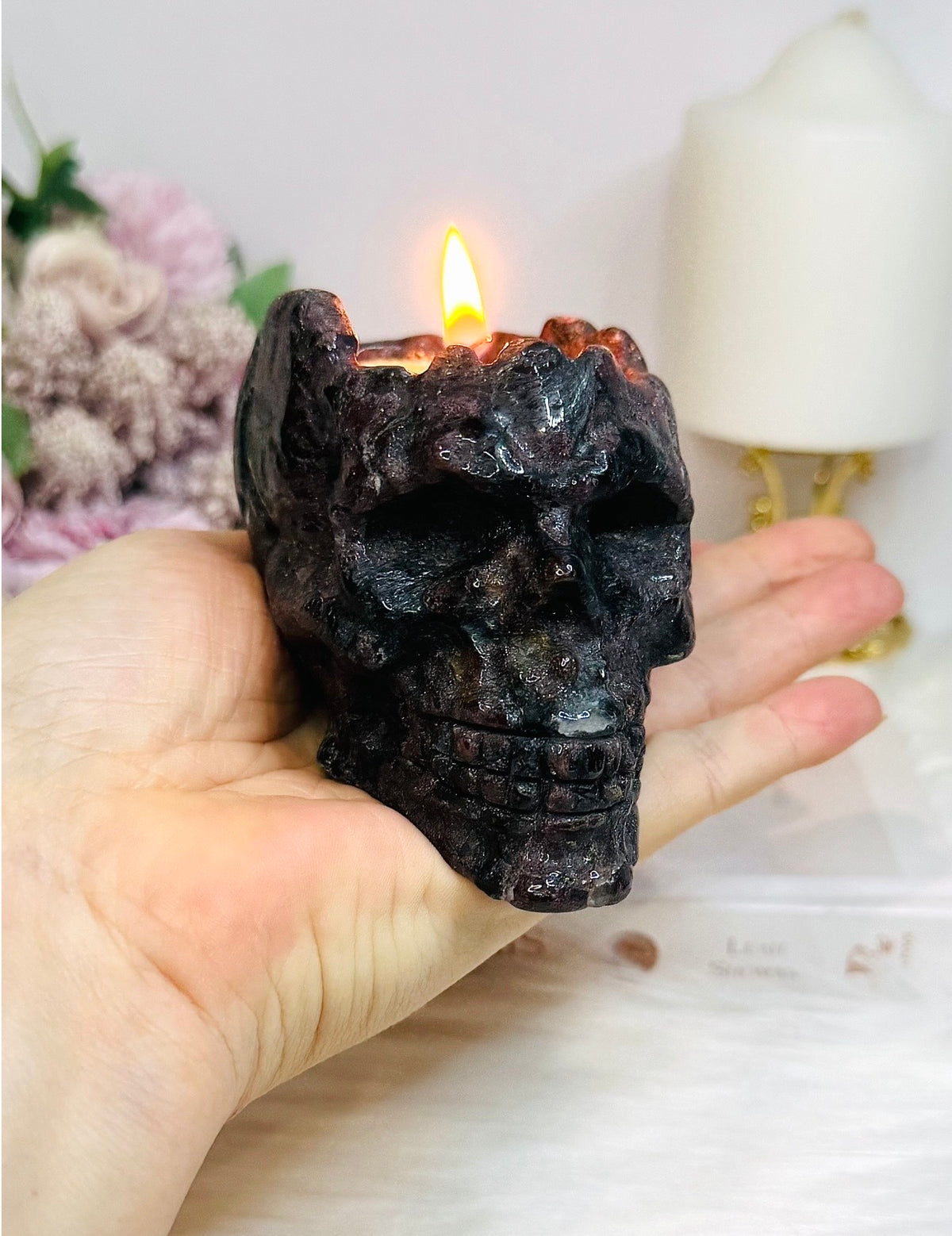 Astrophyllite & Garnet Skull Candle 11cm