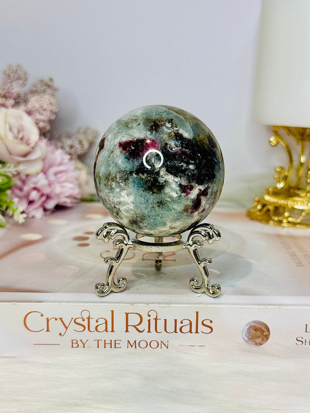 Rare Aquamarine & Pink Tourmaline Sphere on Stand 231g