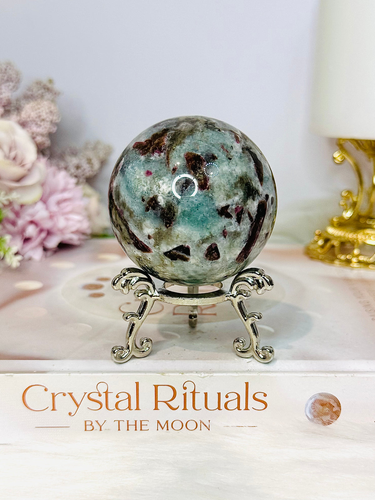 Rare Aquamarine & Pink Tourmaline Sphere on Stand 231g
