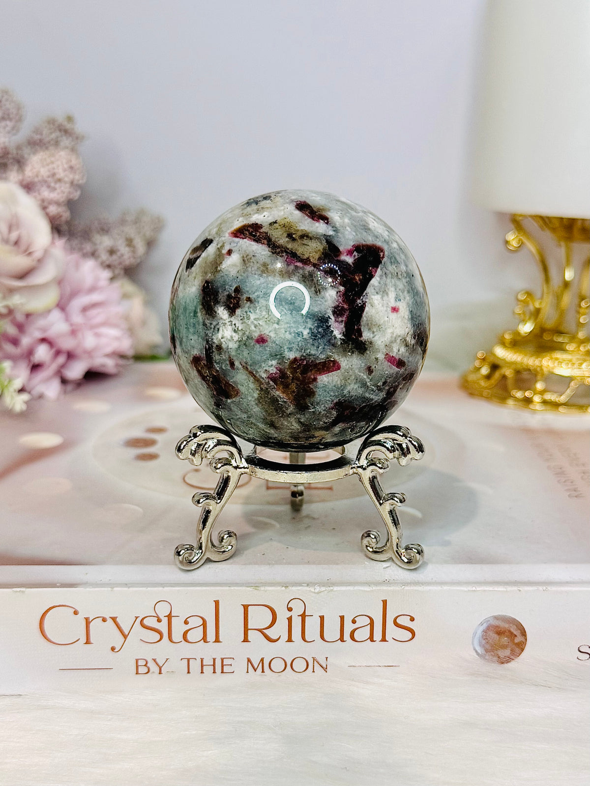 Rare Aquamarine & Pink Tourmaline Sphere on Stand 231g
