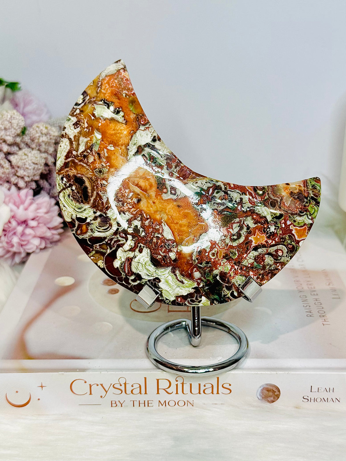 Large Money Agate Moon On Stand 366g 13.5cm