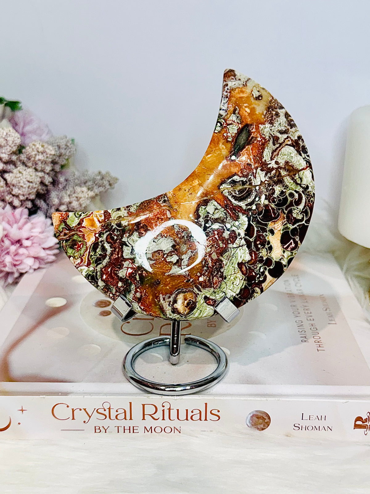 Large Money Agate Moon On Stand 366g 13.5cm