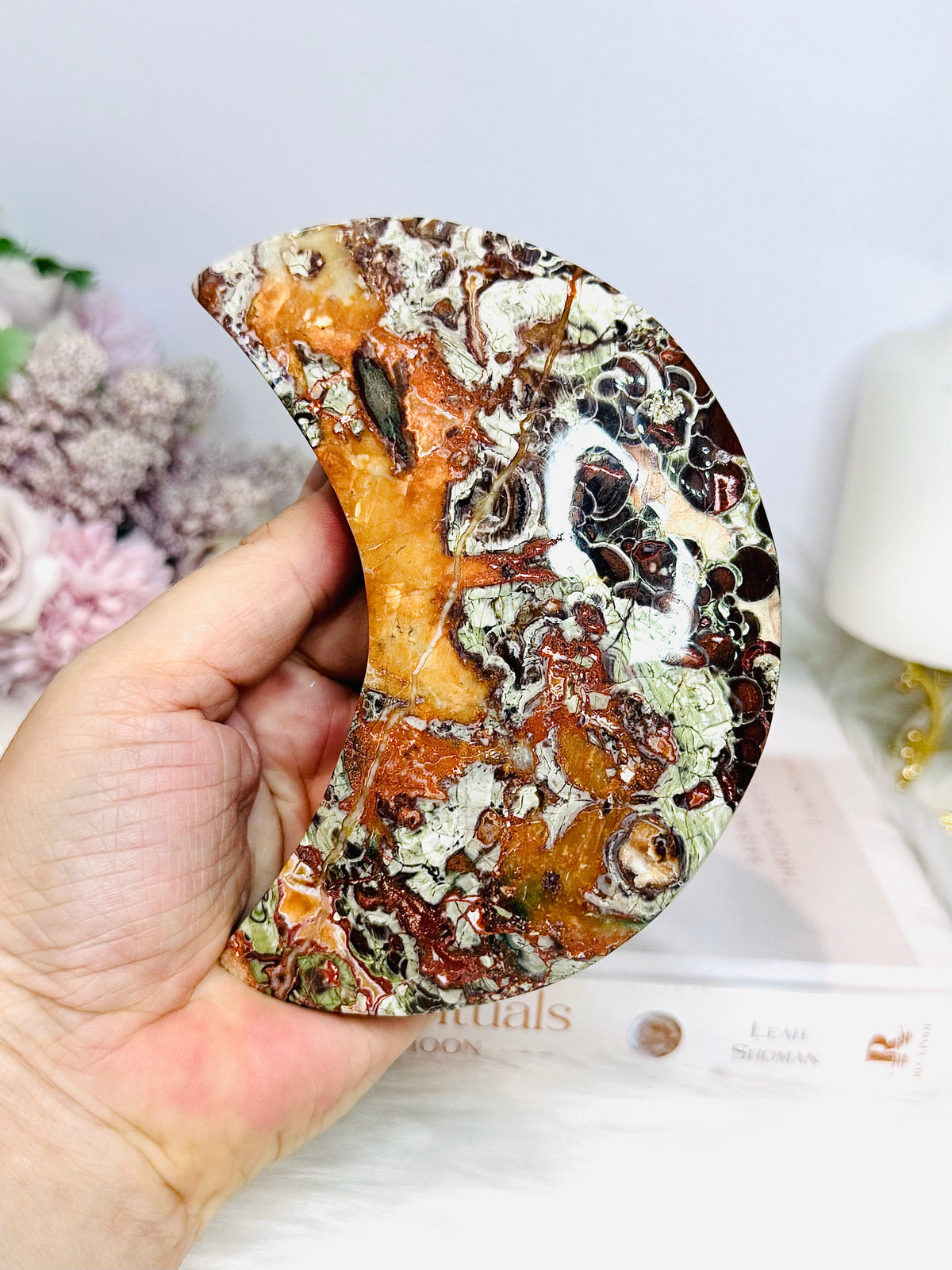 Large Money Agate Moon On Stand 366g 13.5cm