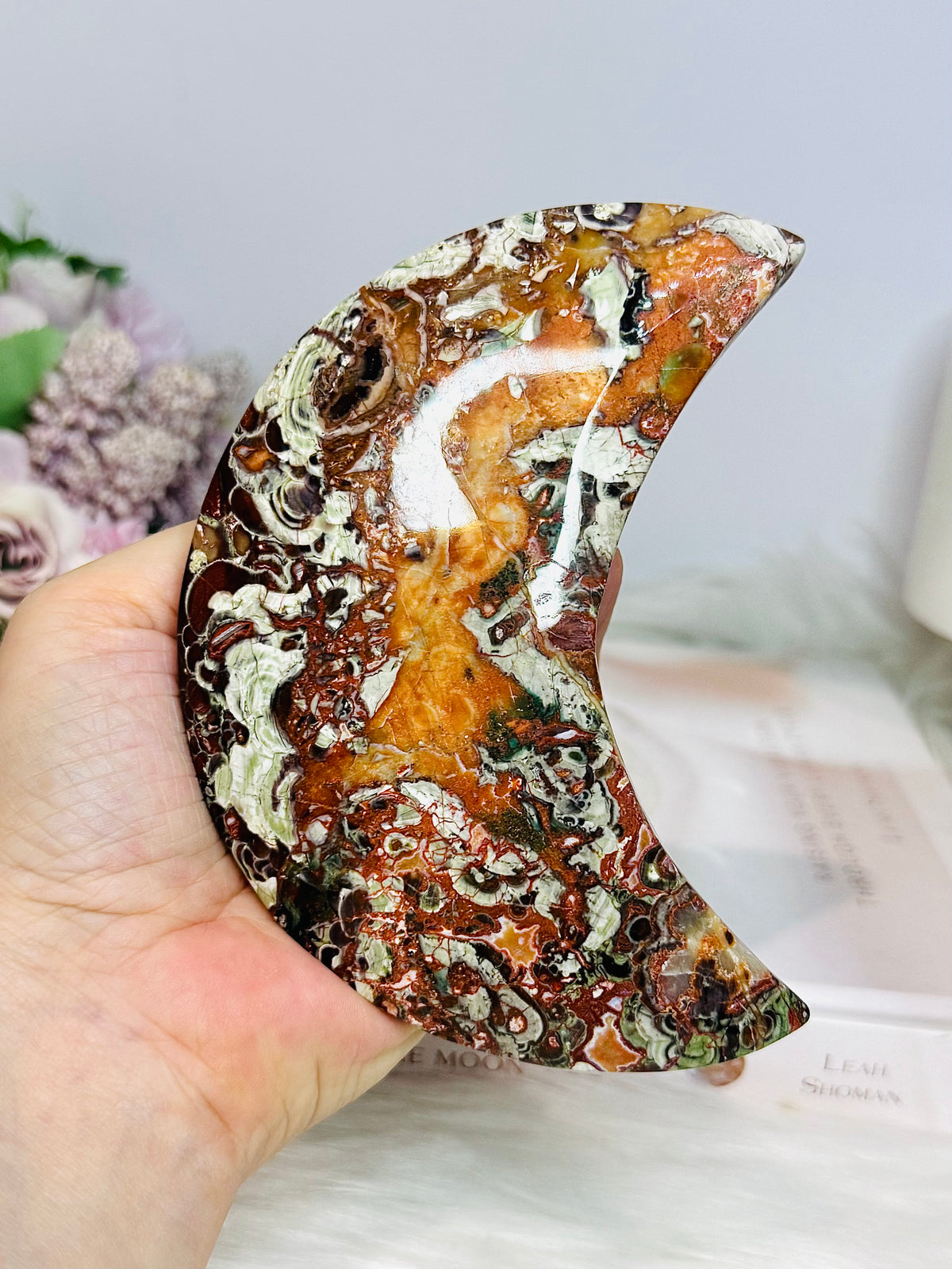 Large Money Agate Moon On Stand 366g 13.5cm