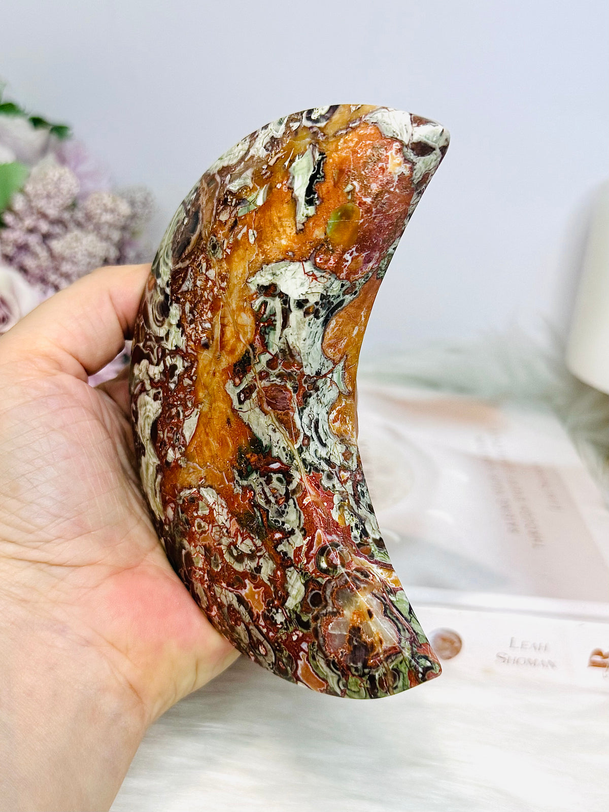 Large Money Agate Moon On Stand 366g 13.5cm