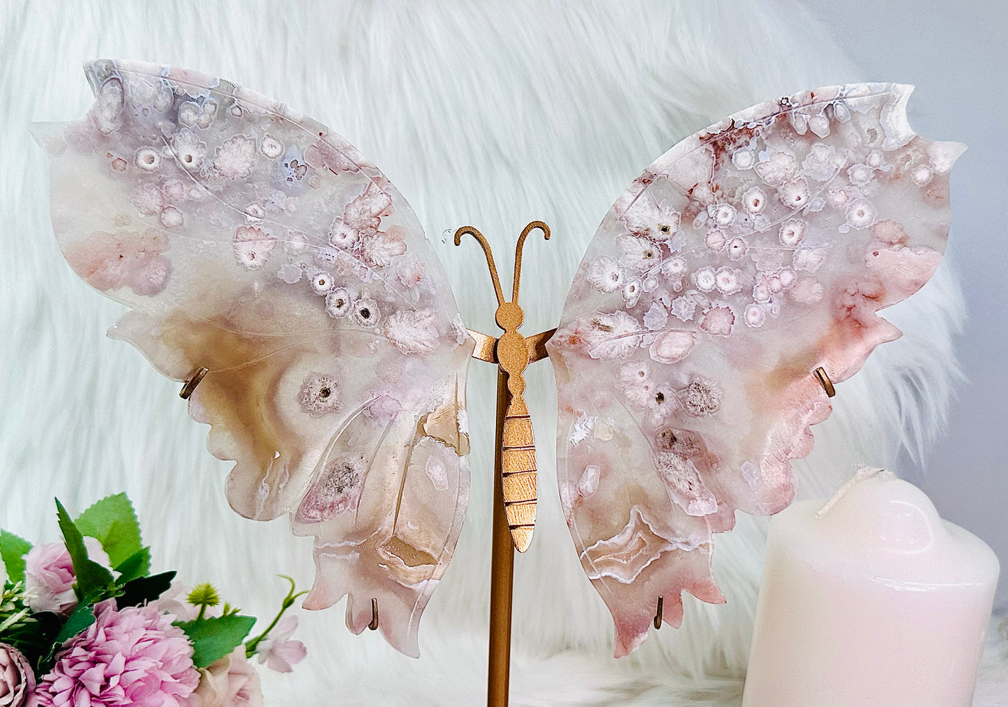 Classy & Absolutely Fabulous Large 30cm (Inc Stand) Druzy Flower Agate Perfectly Carved Butterfly Wings on Gold Stand From Madagascar