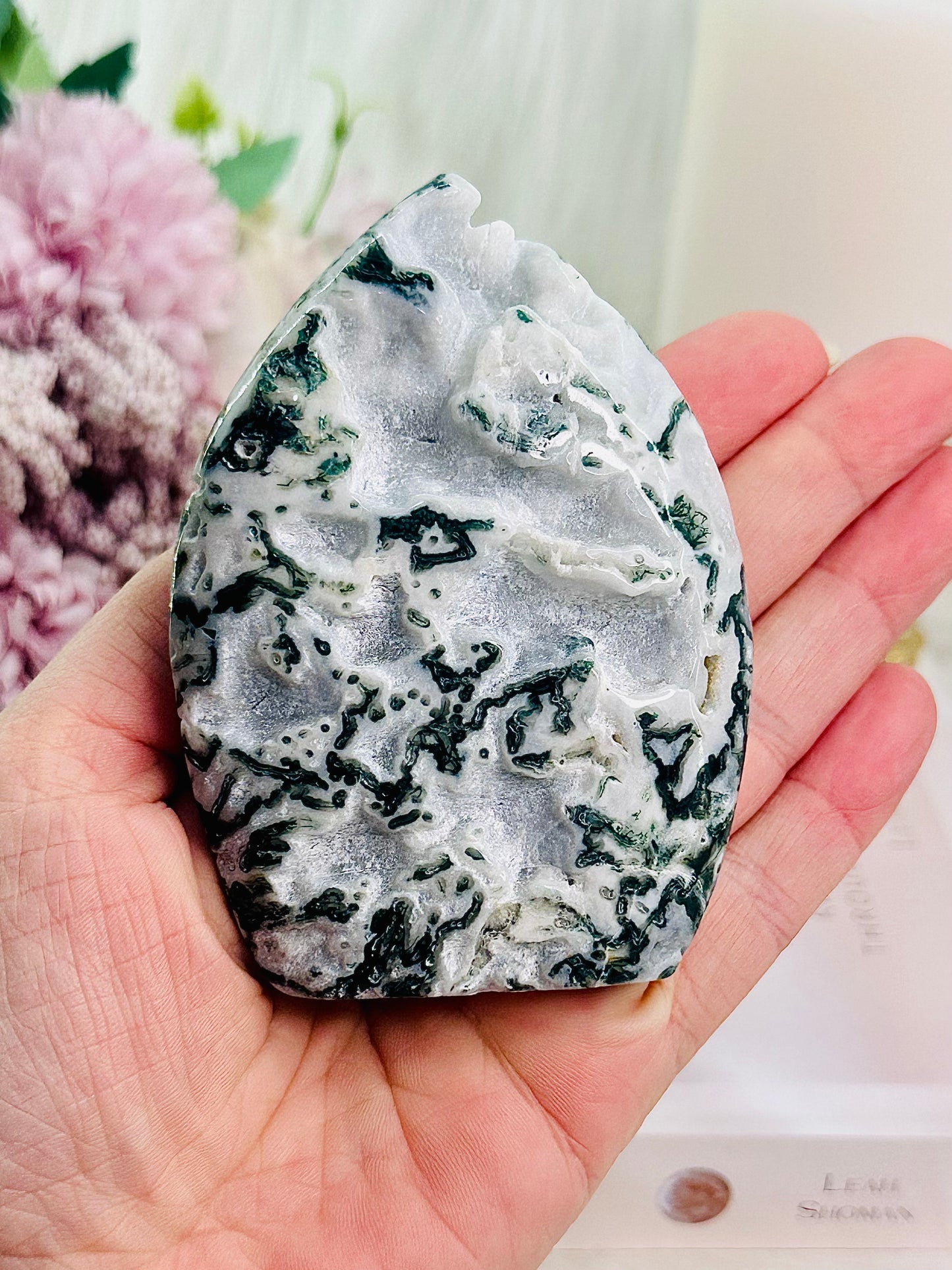 Absolutely Gorgeous Druzy Moss Agate Carved Flame