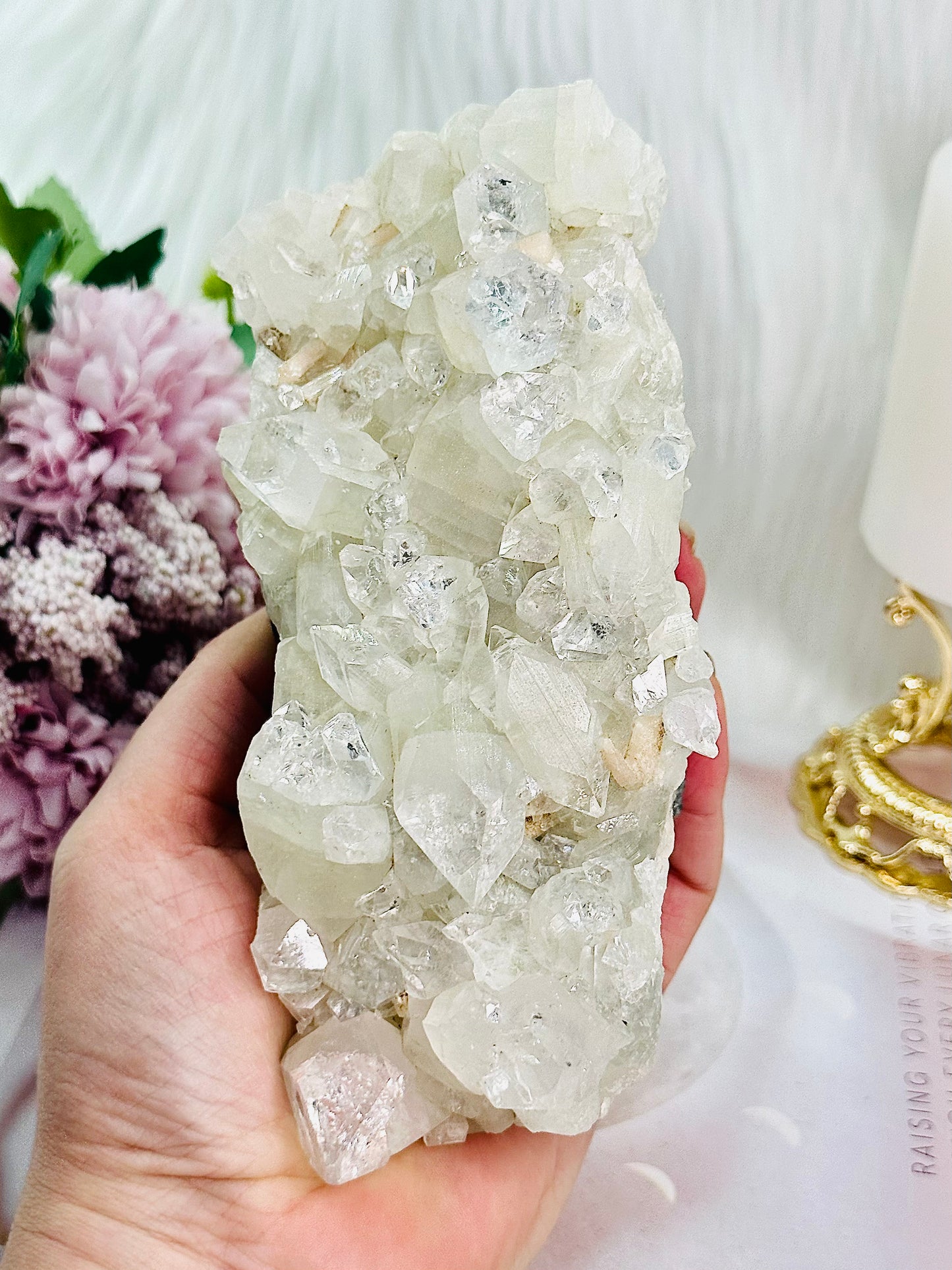 Powerful Vibrations ~ Absolutely Incredible High Grade Sparkling Like Diamonds Apophyllite Cluster On Rose Gold Stand 19.5cm (Inc Stand)