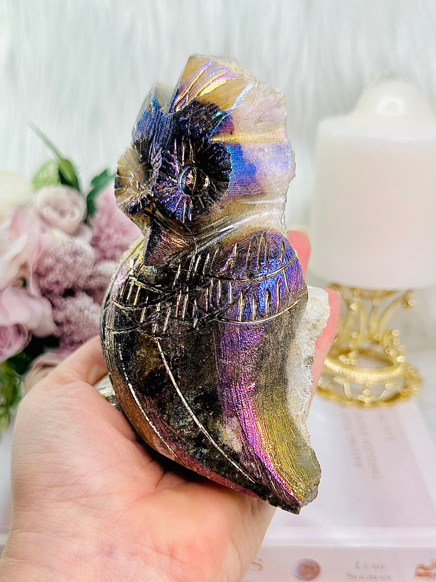 Wow!!! Incredible Large 683gram Aura Quartz Owl ~ See Back For Amazing Cluster Detail ~ Absolutely Fabulous