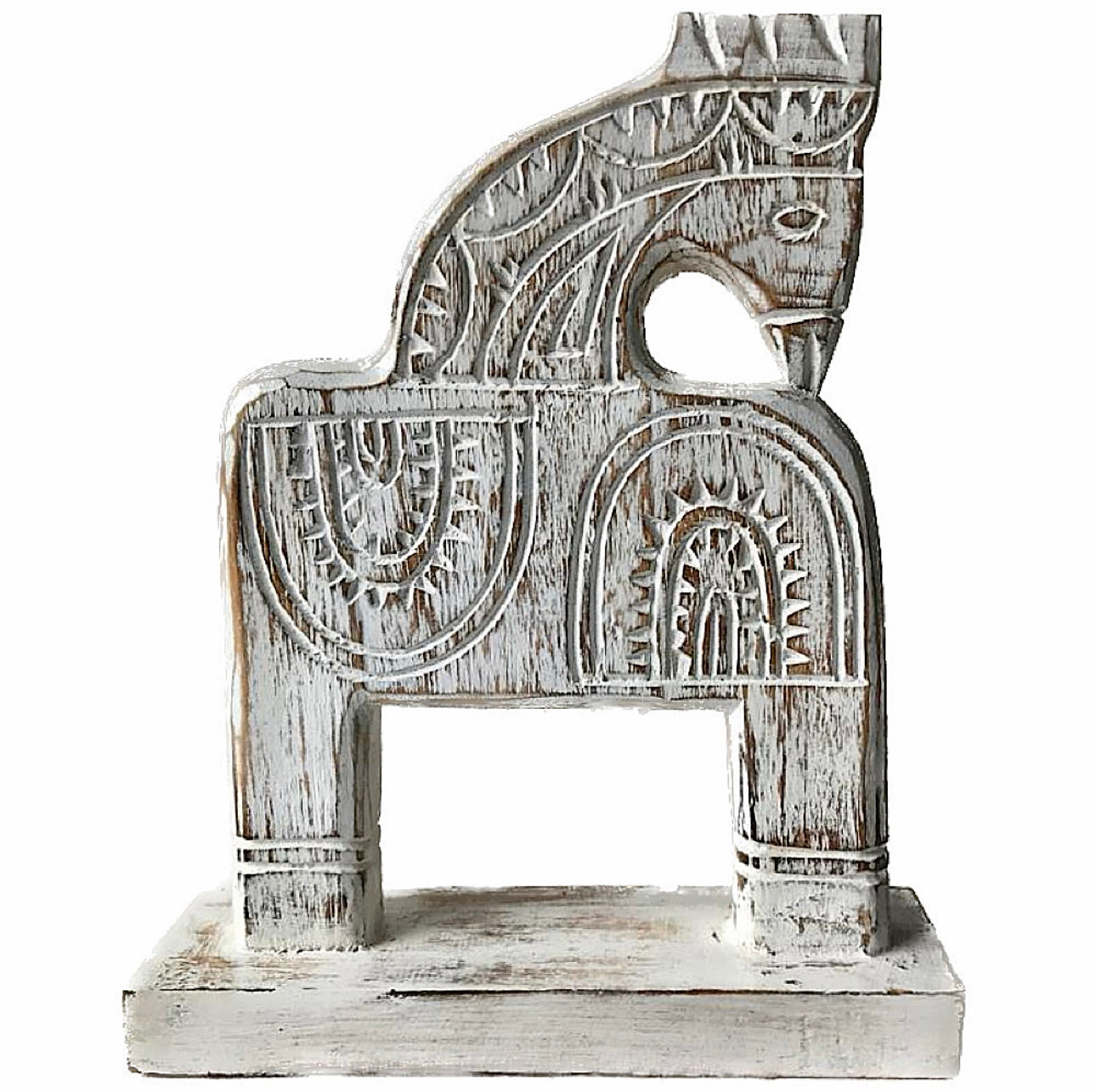 Gorgeous White Wash Wood Carved Trojan Horse 30cm