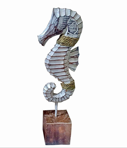 Beautiful White Wash Wood Carves Seahorse on Stand 40cm Tall