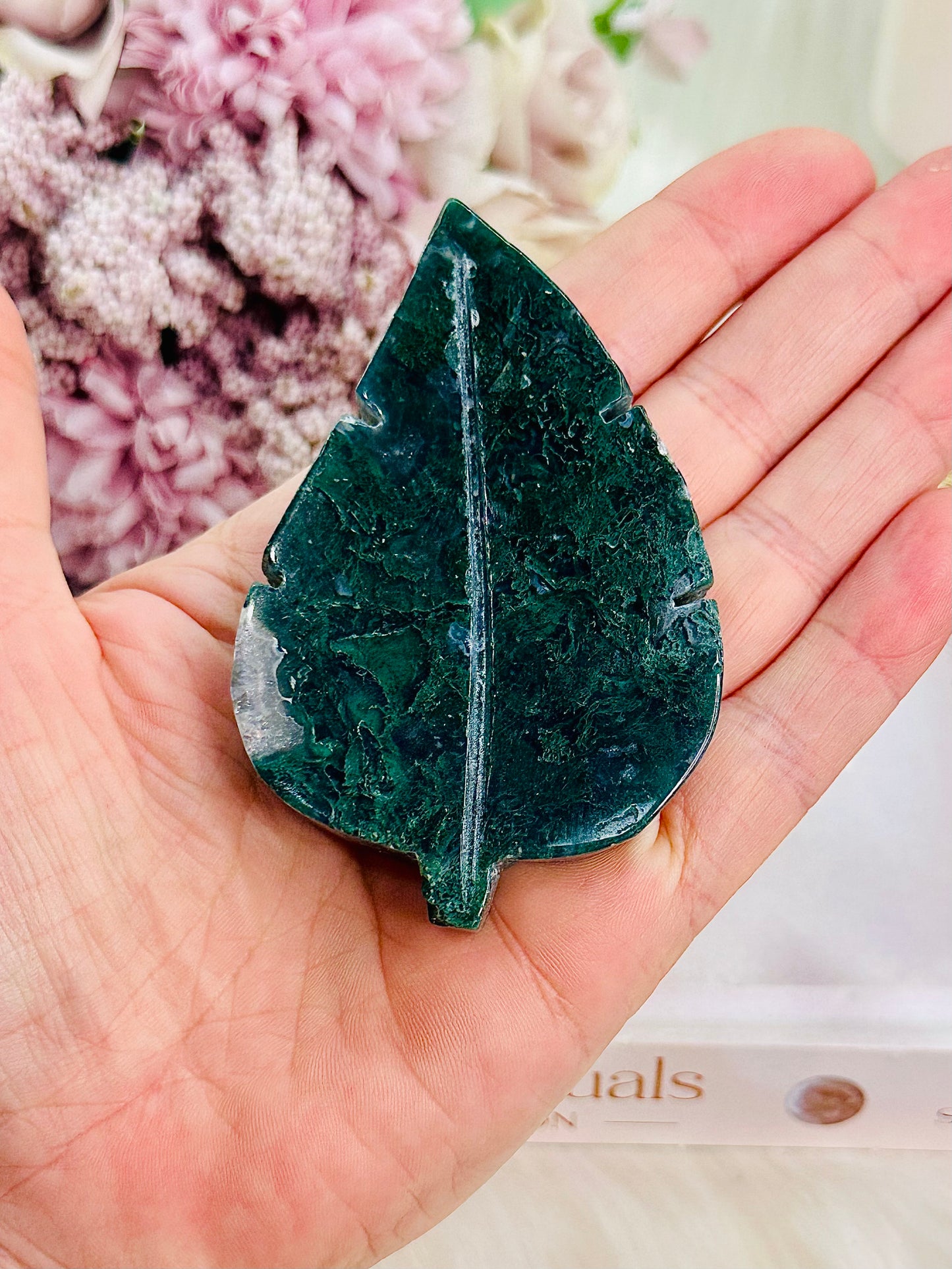 Gorgeous Chunky Green Moss Agate Carved Leaf