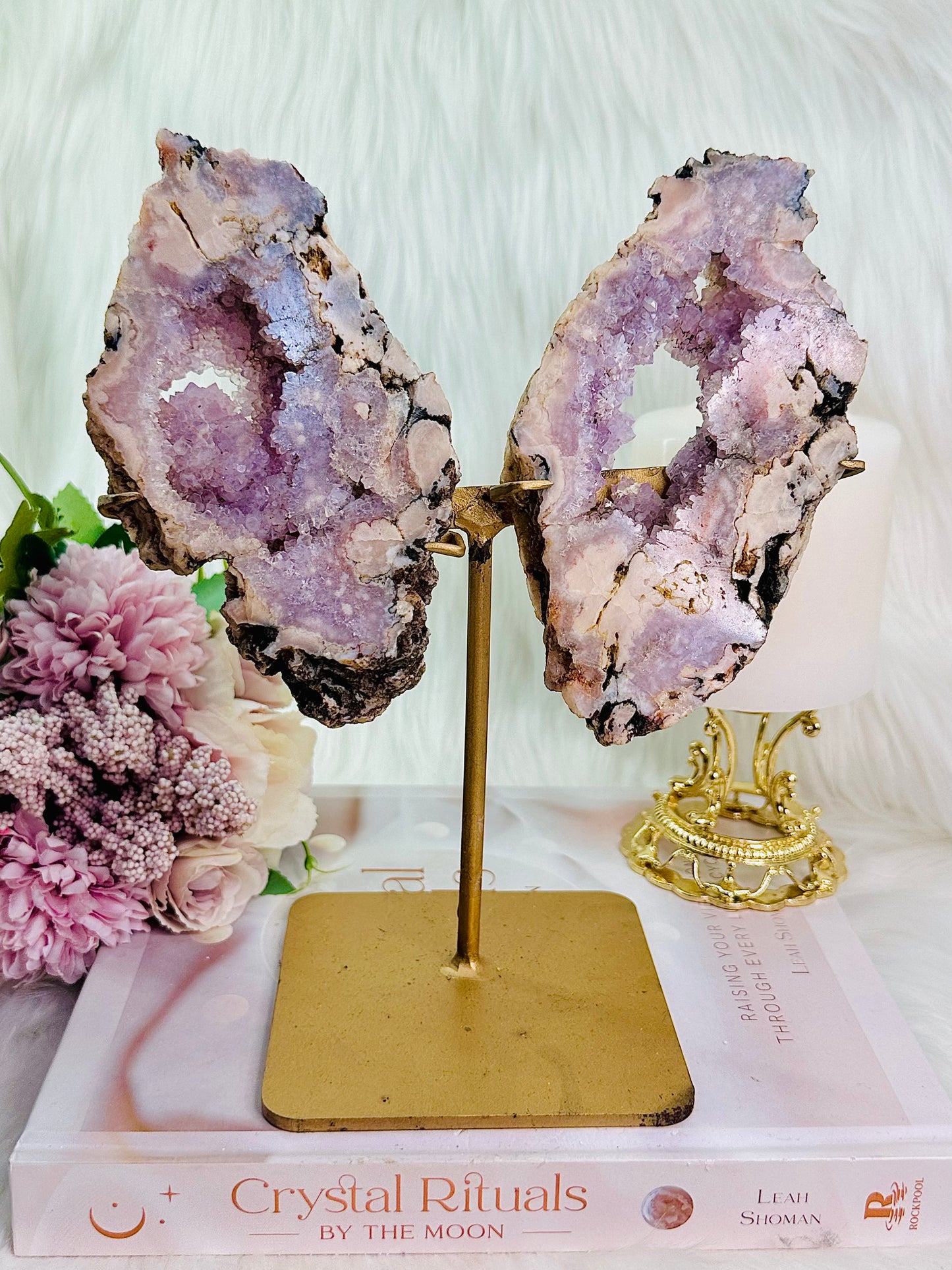 Classy & Fabulous Large 22cm (Inc Stand) Pink Amethyst Druzy Wings On Stand From Brazil (Note ~ Gold stand has some paint coming off at top)