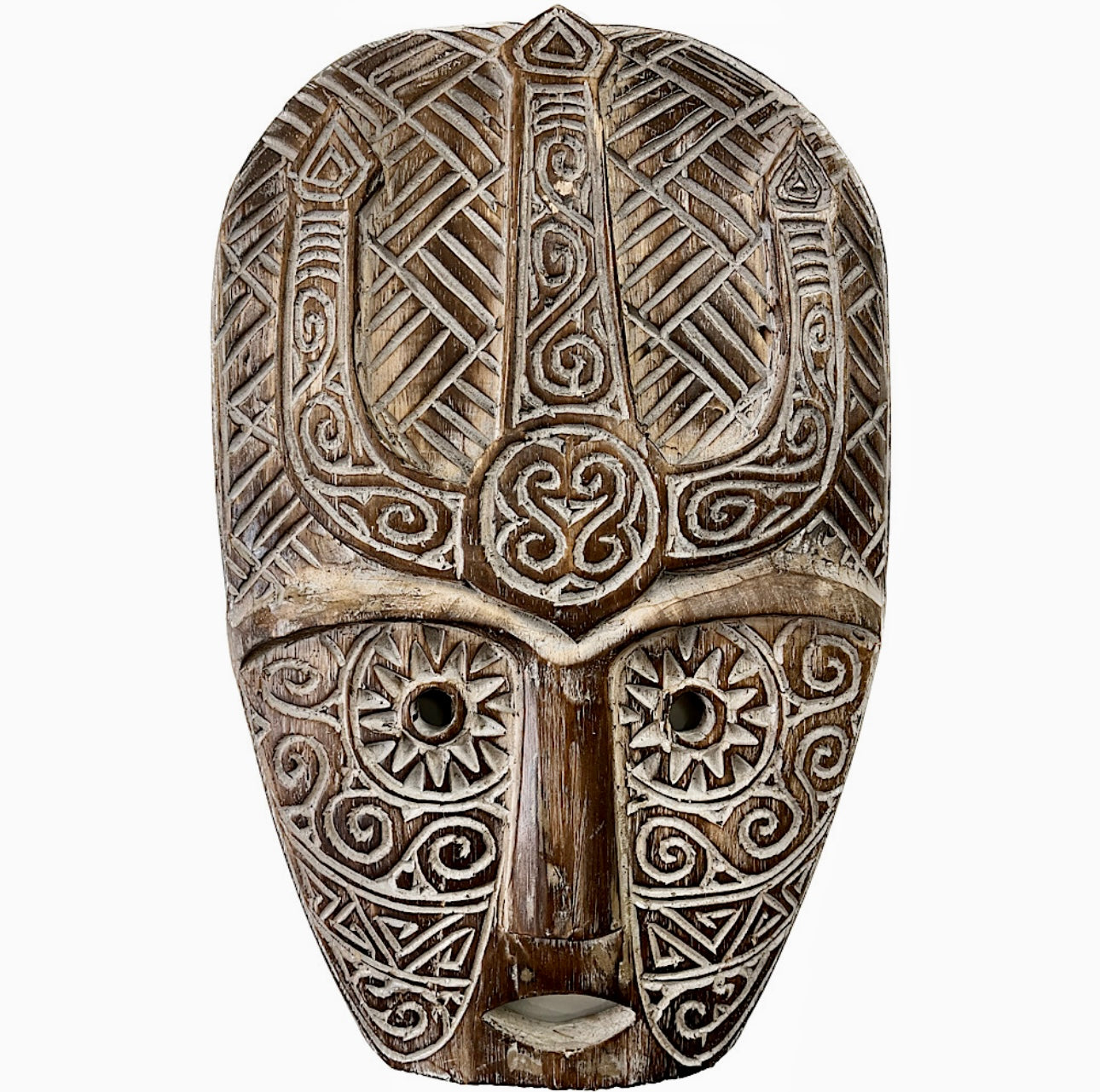 Amazing Large Natural White Wash Wood Carved Mask 45cm x 29cm