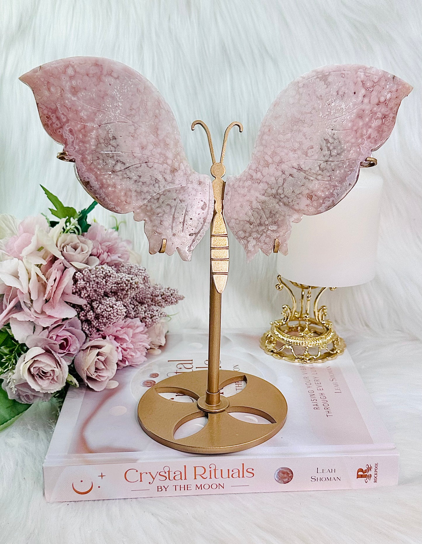 Dainty & Divine High Grade Pink Amethyst Marvellous Butterfly Wings 23cm Tall (Inc Stand) On Gold Stand