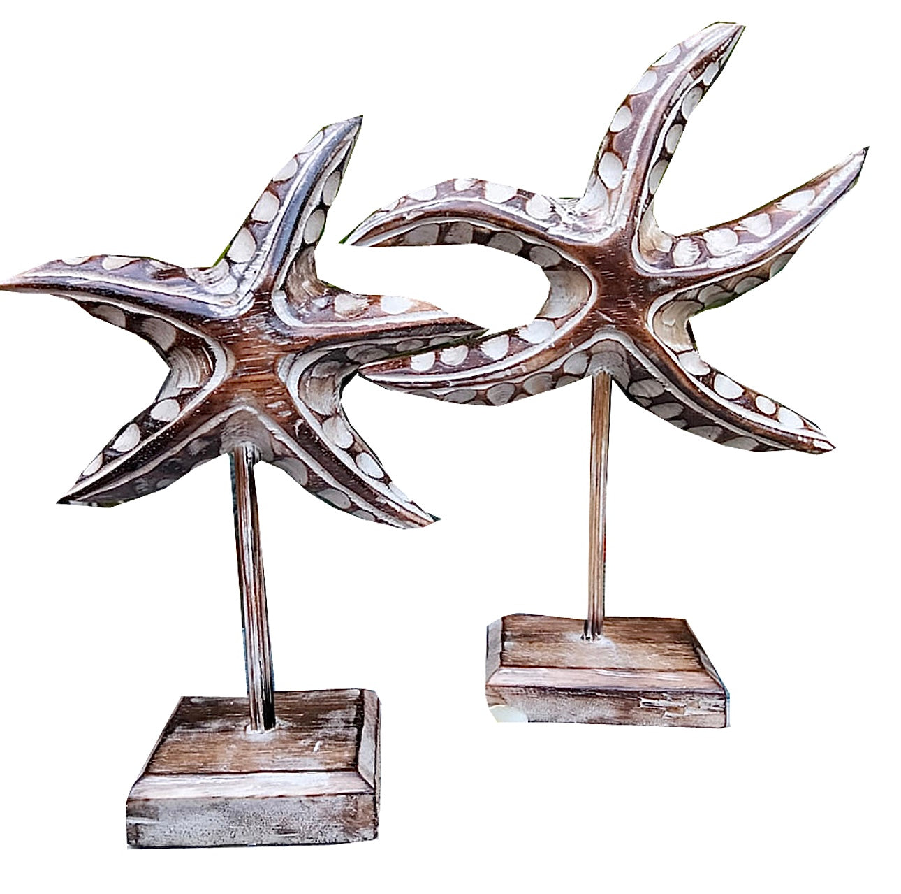 Beautiful Set of 2 Natural Wooden Carved Starfish On Stands 26cm & 22cm