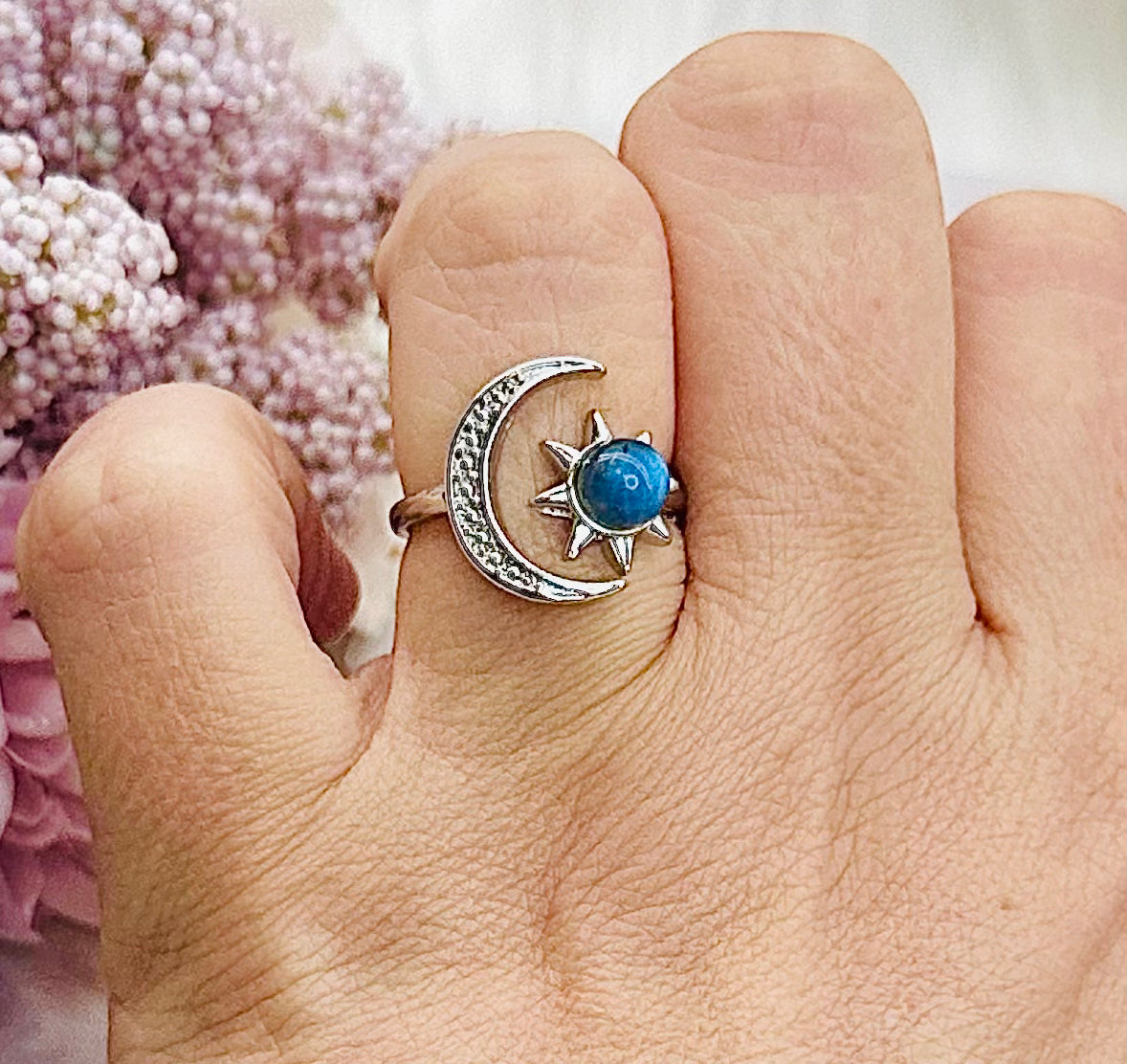 Stunning Blue Flash Labradorite Moon & Star Adjustable Ring In Gift Bag