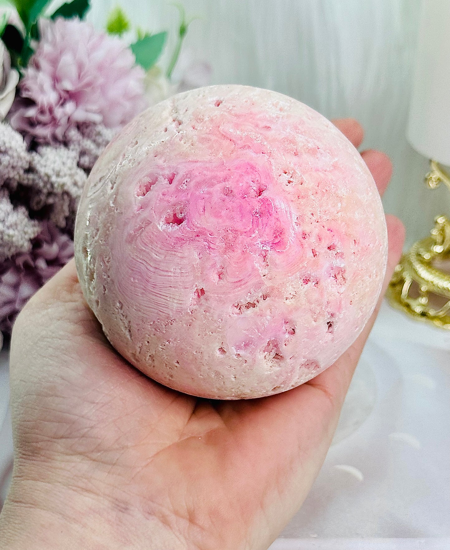 Stunning Large 621gram Natural Druzy Pink Aragonite Sphere On Stand (Stand in pic is display only)
