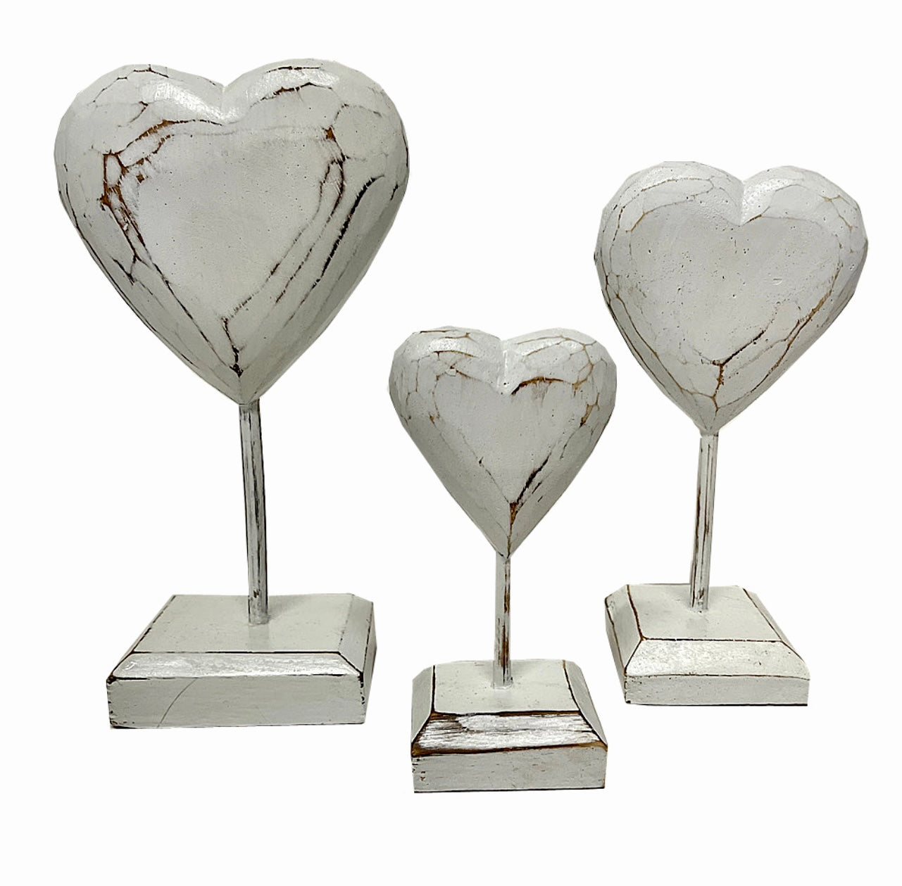 Set of 3 White Wash Wooden Hearts On Stands 22cm, 18cm, 12cm