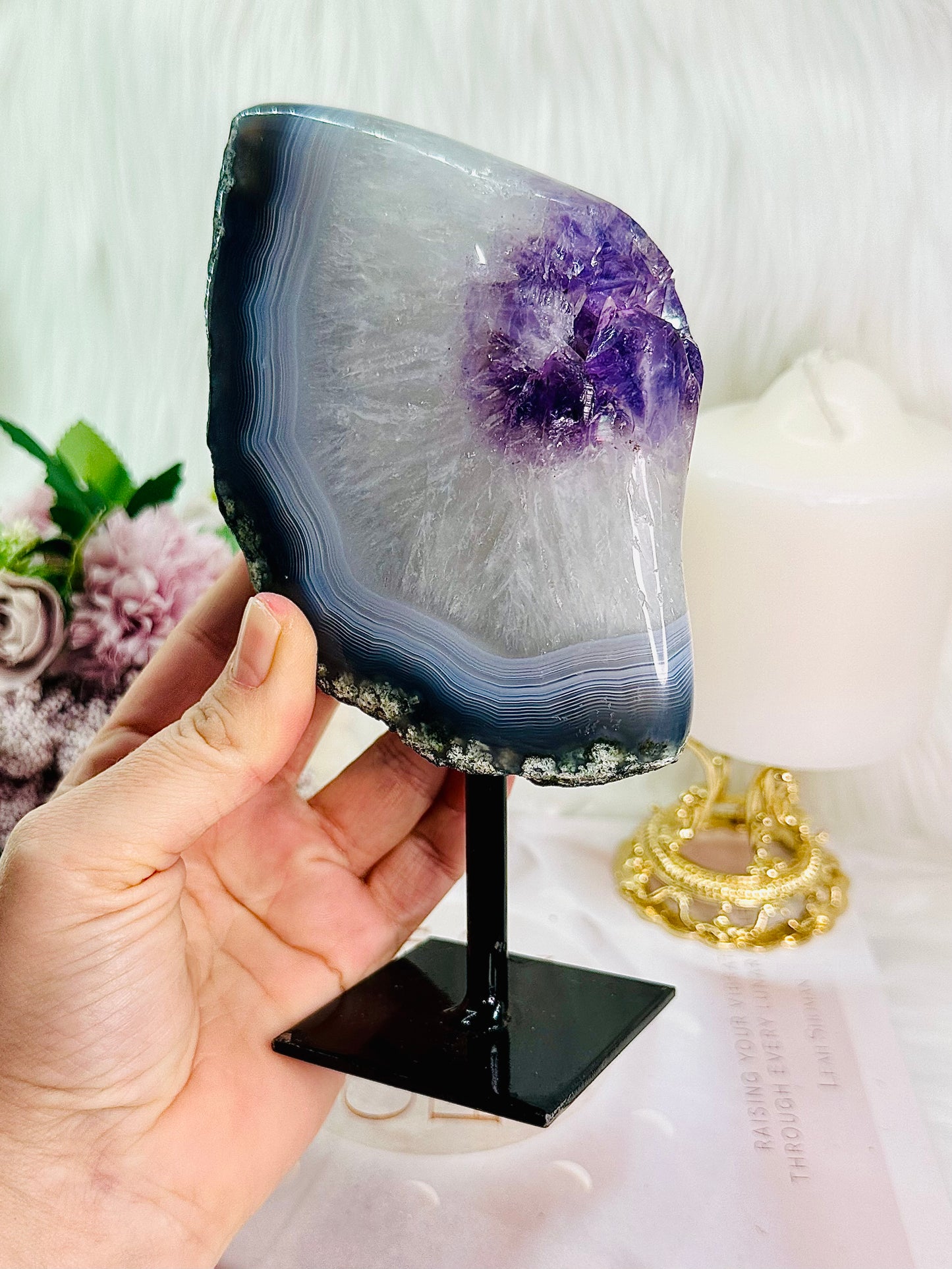 WOW! Absolutely Gorgeous Large 977gram Amethyst Agate Polished Freeform On Stand From Uruguay