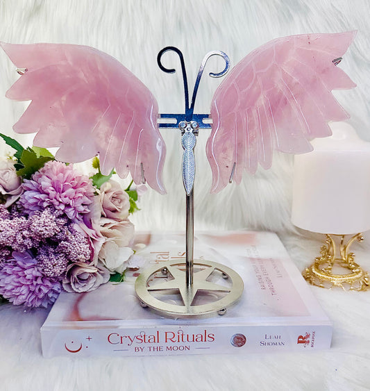 Classy & Fabulous!!! 20cm Tall Rose Quartz Butterfly Wings on Silver Stand