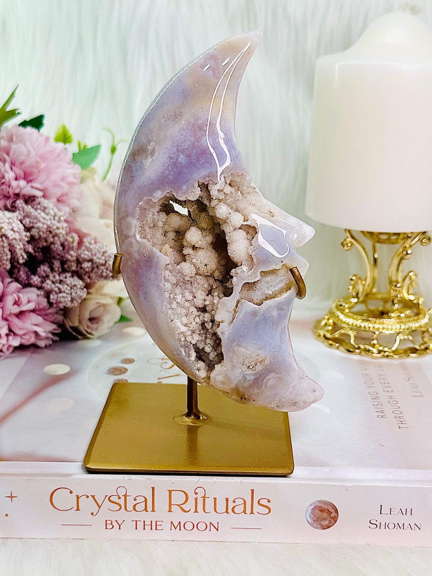 Classy & Totally Fabulous!!! Druzy Pink Amethyst Moon on Gold Stand 18cm Tall (inc stand)