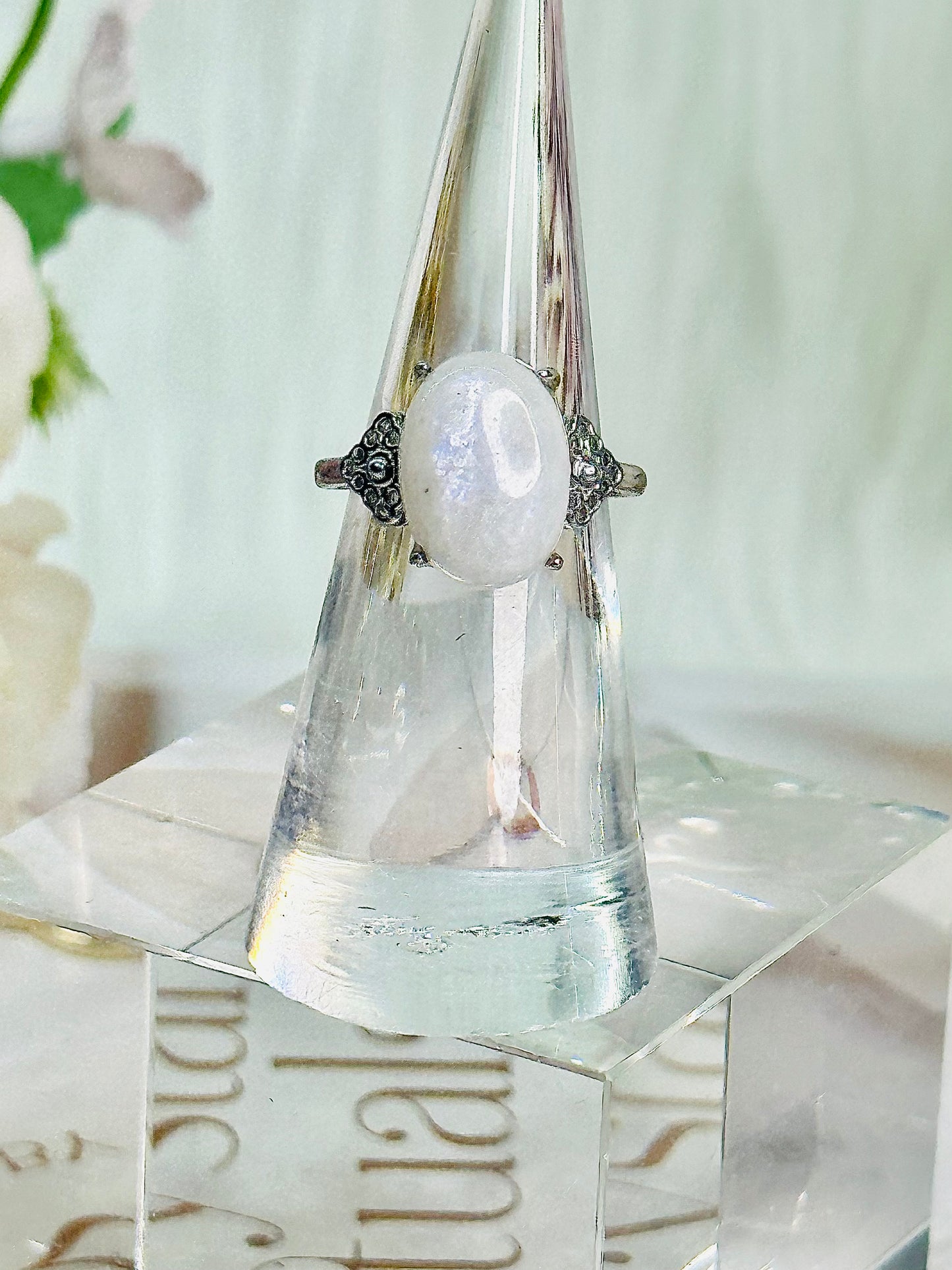 Absolutely Gorgeous Moonstone Adjustable Ring With Blue Flash In Gift Bag