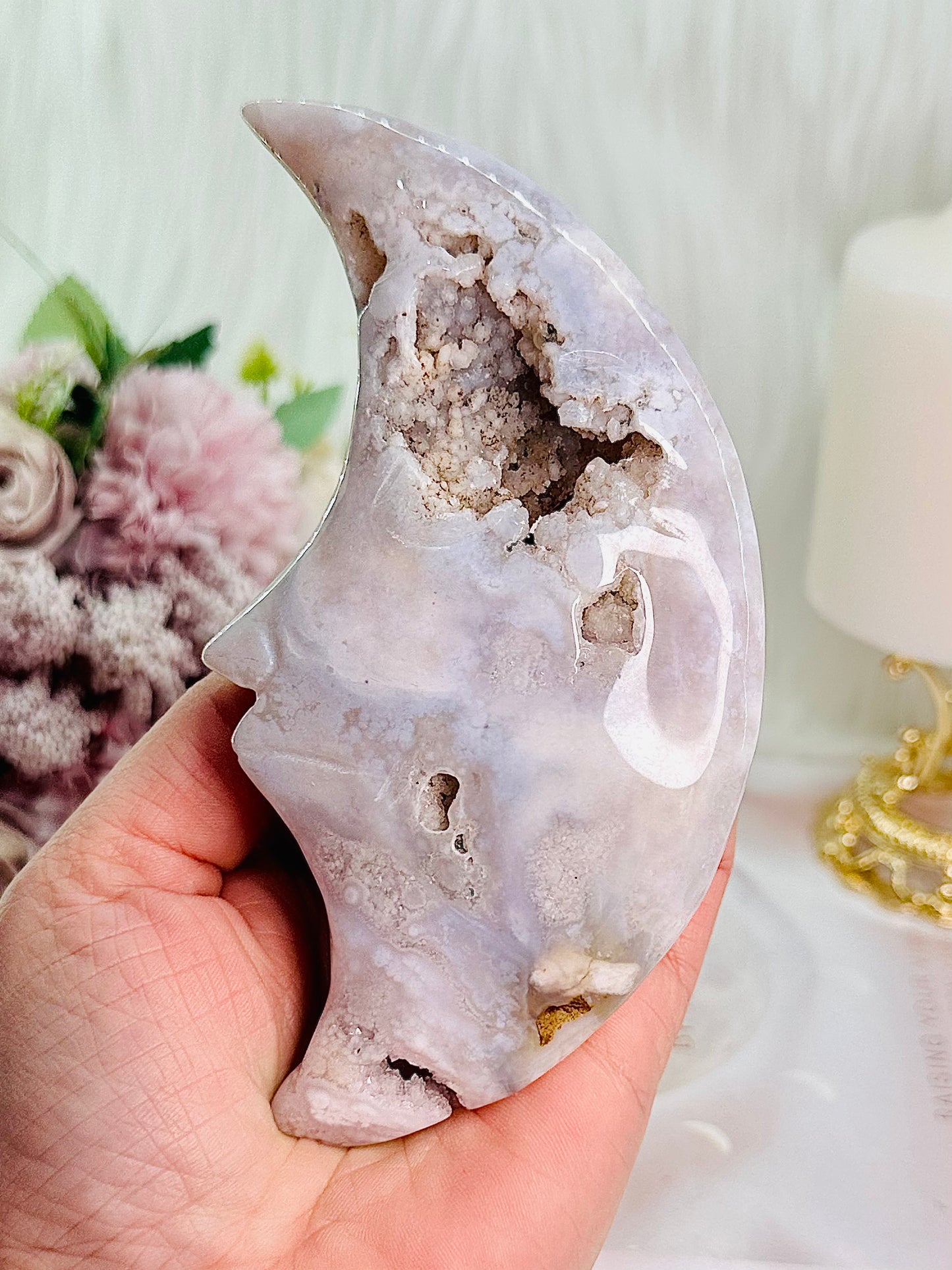 Classy & Totally Fabulous!!! Druzy Pink Amethyst Moon on Gold Stand 18cm Tall (inc stand)