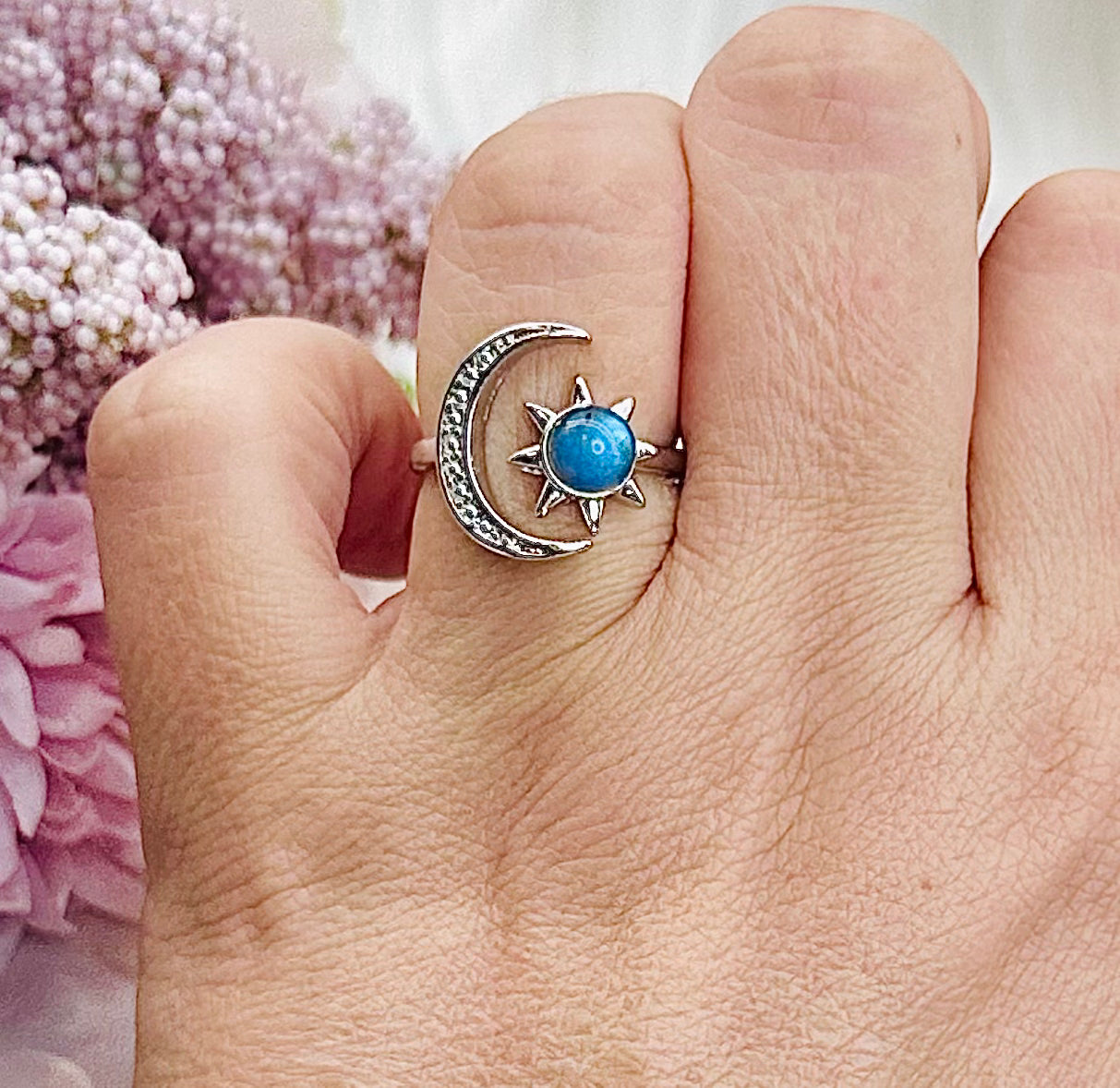 Stunning Blue Flash Labradorite Moon & Star Adjustable Ring In Gift Bag