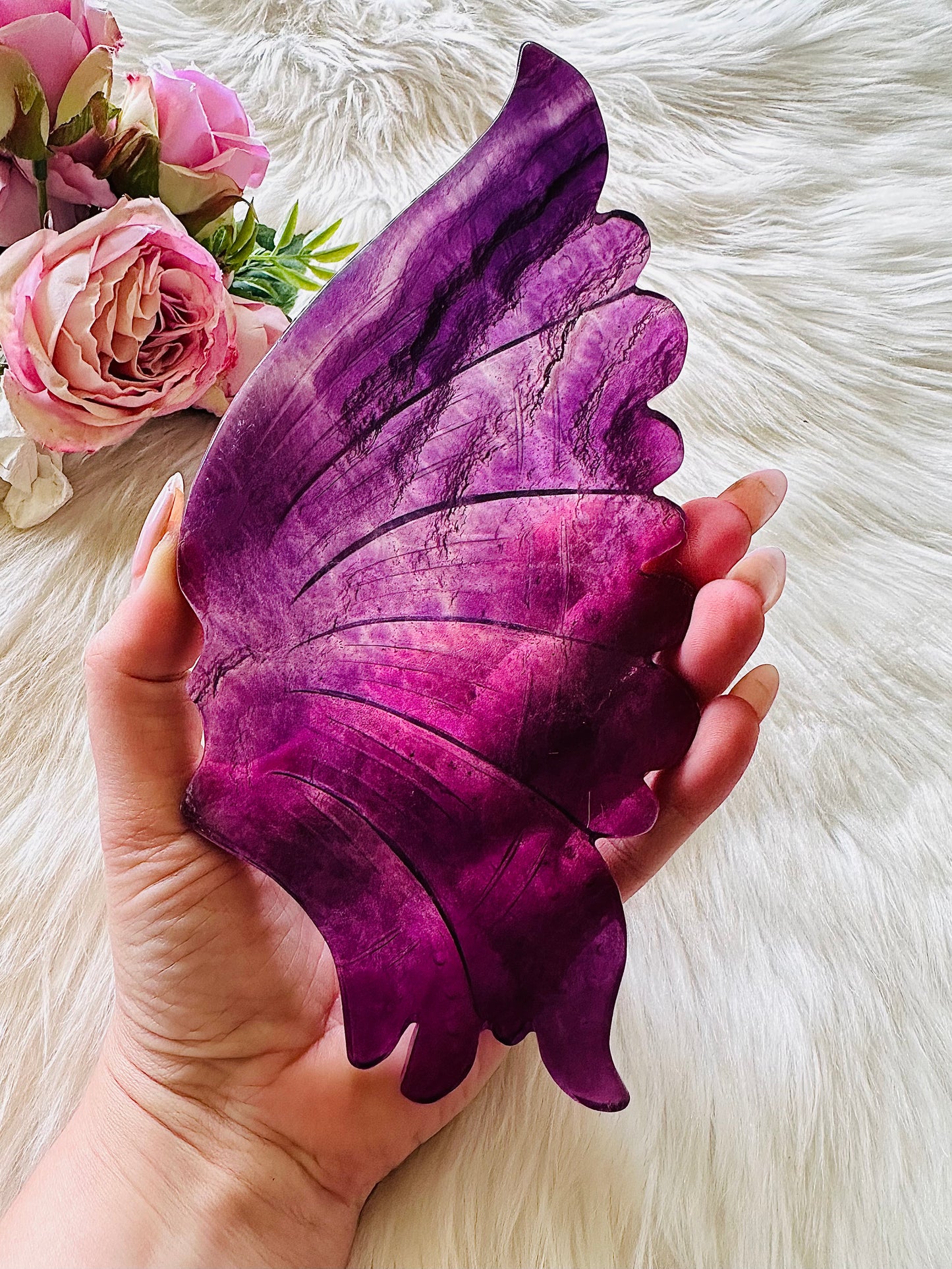 Sometimes, there are no words for the beauty I see. I cannot describe the intense energy & grace of this set. The most beautiful large 30cm (inc stand) purple fluorite butterfly wings on gold stand absolutely breathtaking….