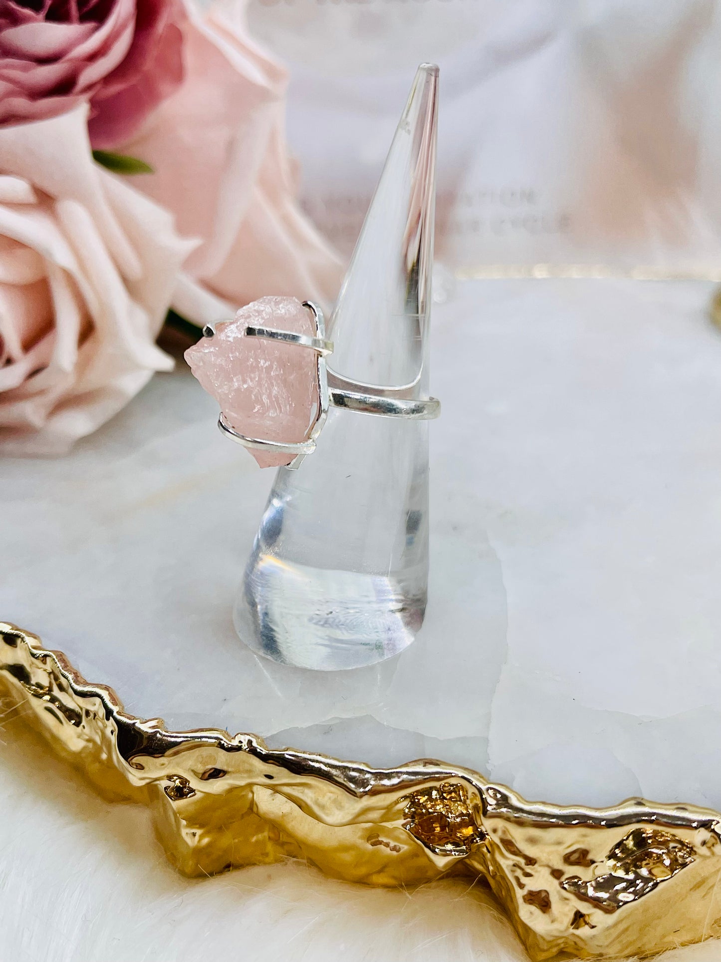 Stunning Adjustable Natural Rose Quartz Silver Adjustable Ring