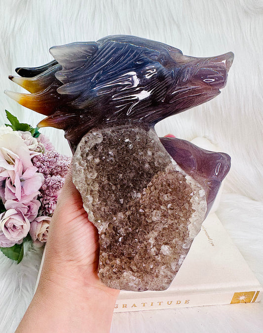 ⚜️ SALE ⚜️ Phenomenal Statement Piece! Huge Druzy Agate Wolf Carving 17cm Tall 1.46KG Perfectly Carved & Absolutely Stunning