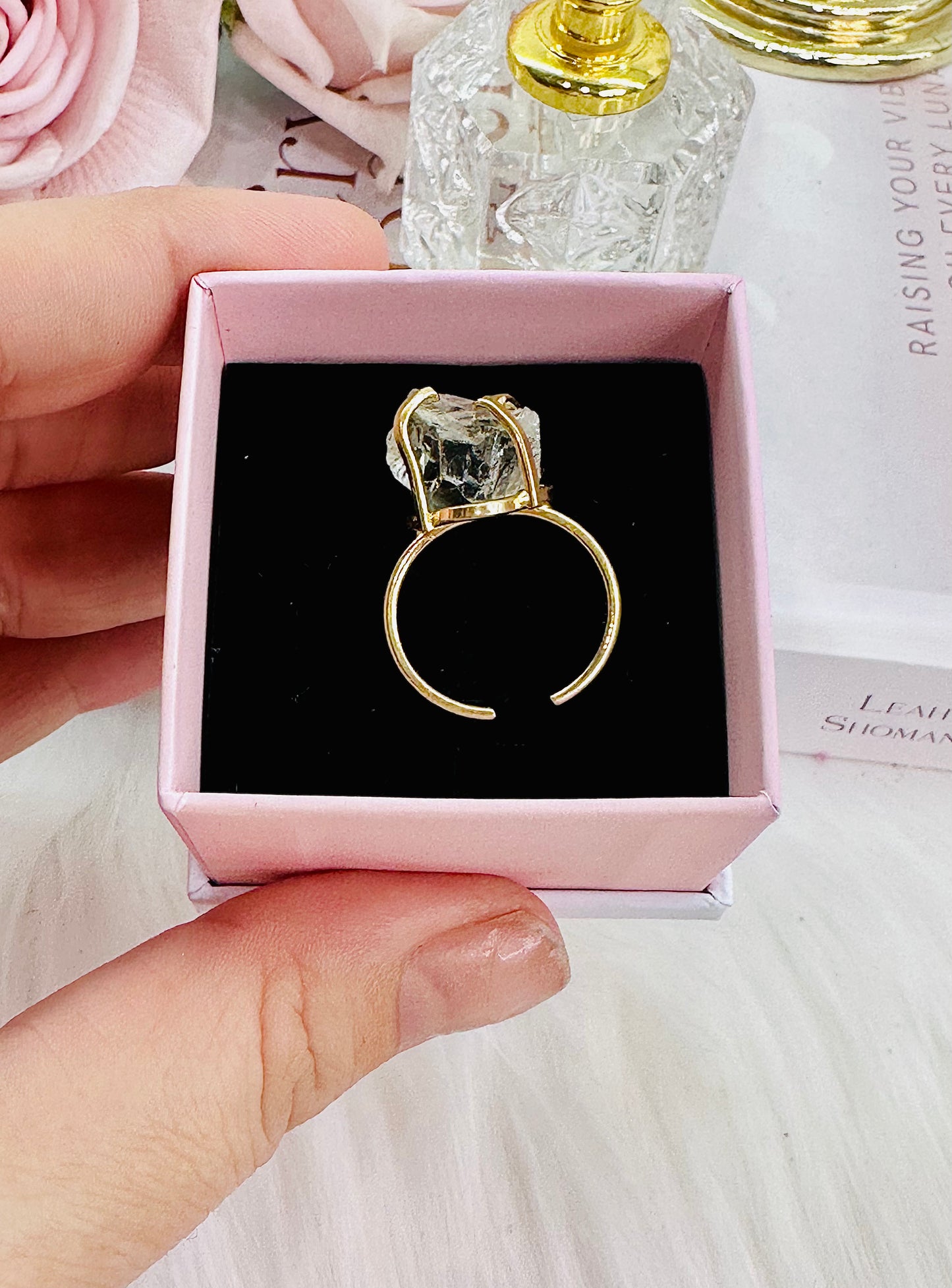 Gift Boxed - Gorgeous chunky high grade, green amethyst adjustable ring from Brazil